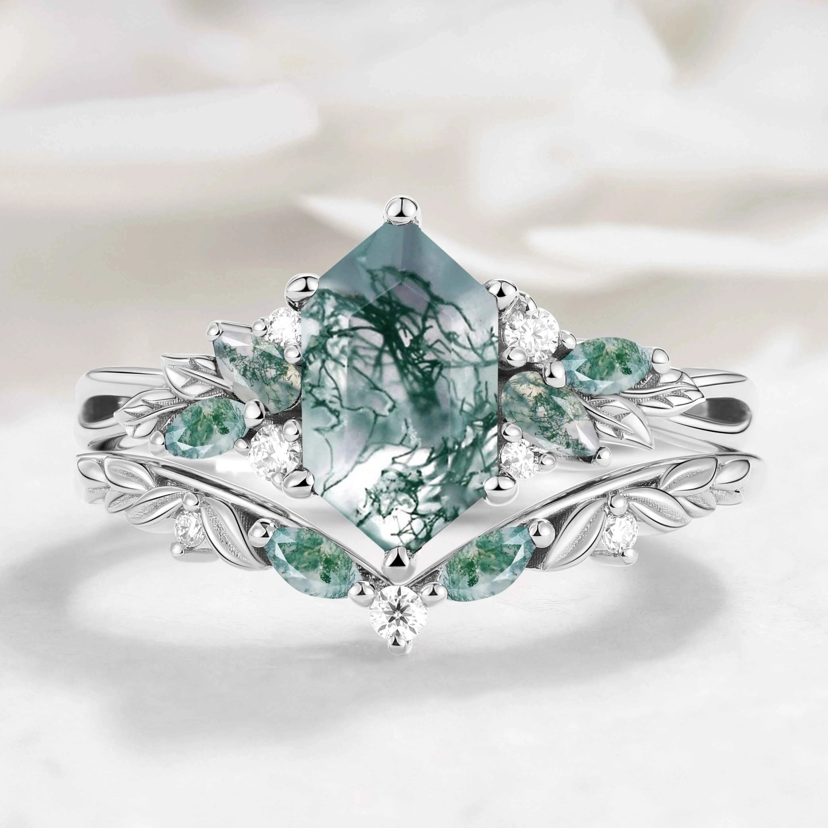 Nature-inspired Leaf Hexagon Cut Moss Agate Engagement Ring 2pcs