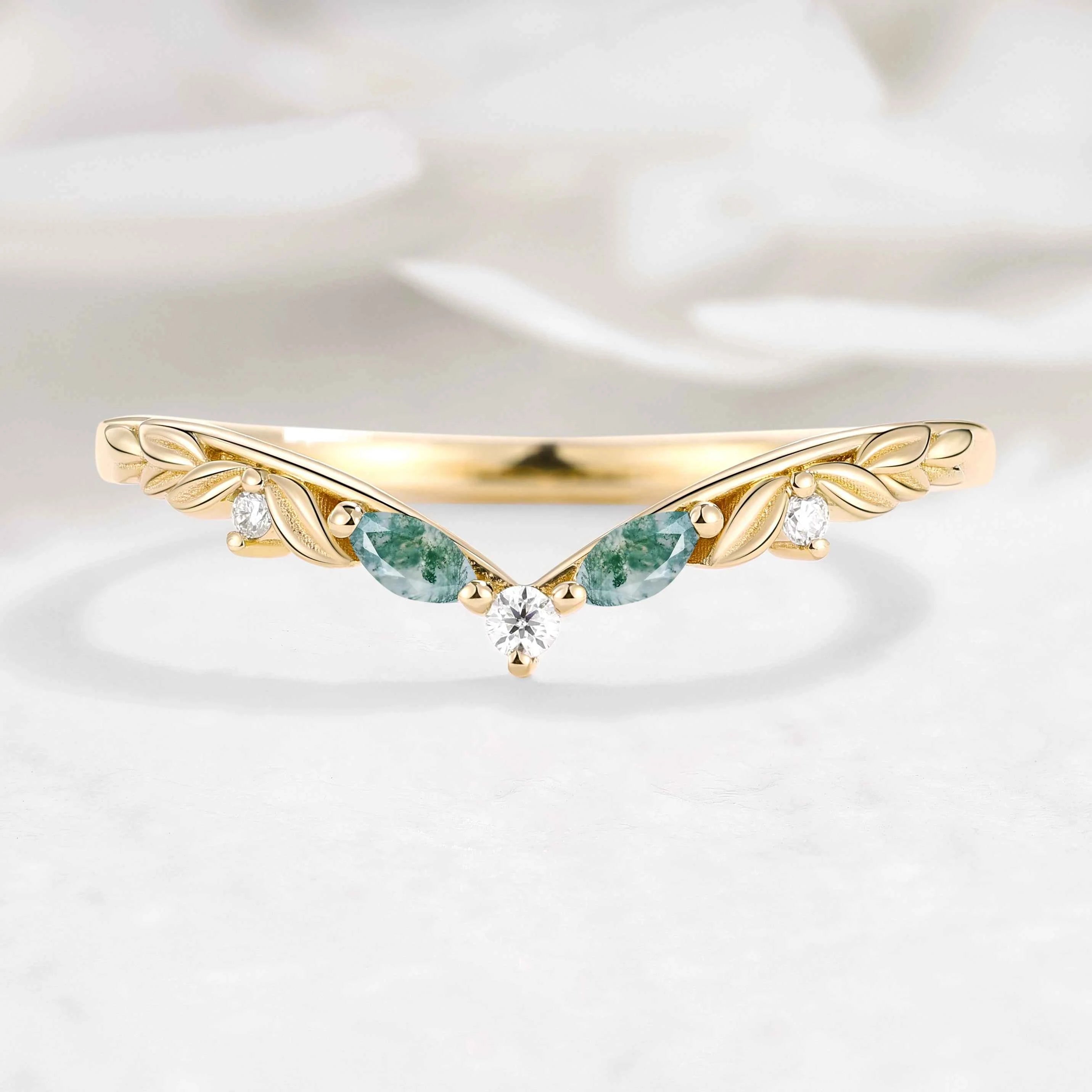 Nature Inspired Moss Agate & Moissanite V Shape Wedding Band