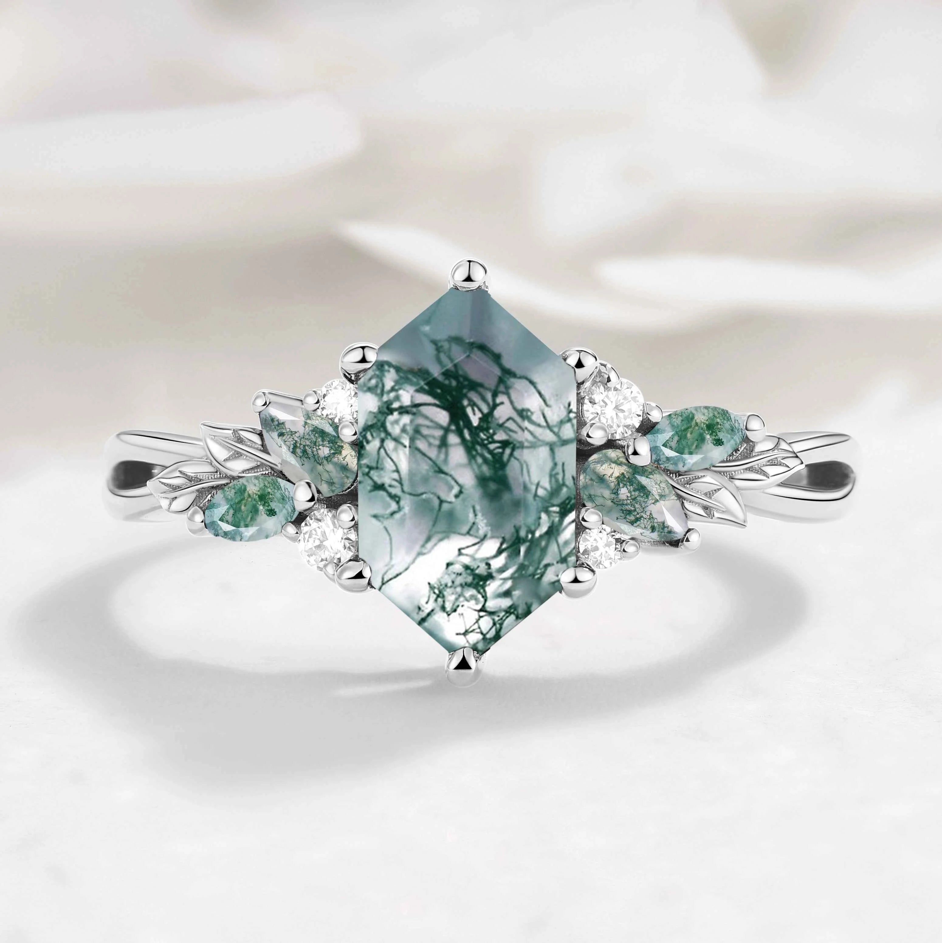 Nature-inspired Leaf Hexagon Cut Moss Agate Engagement Ring