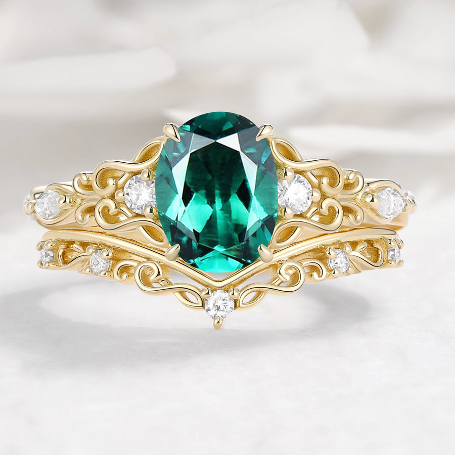Oval Cut Musical Note Emerald Engagement Ring - Melody Ring Set