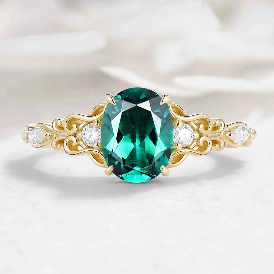 Oval Cut Musical Note Emerald Engagement Ring - Melody Ring Set