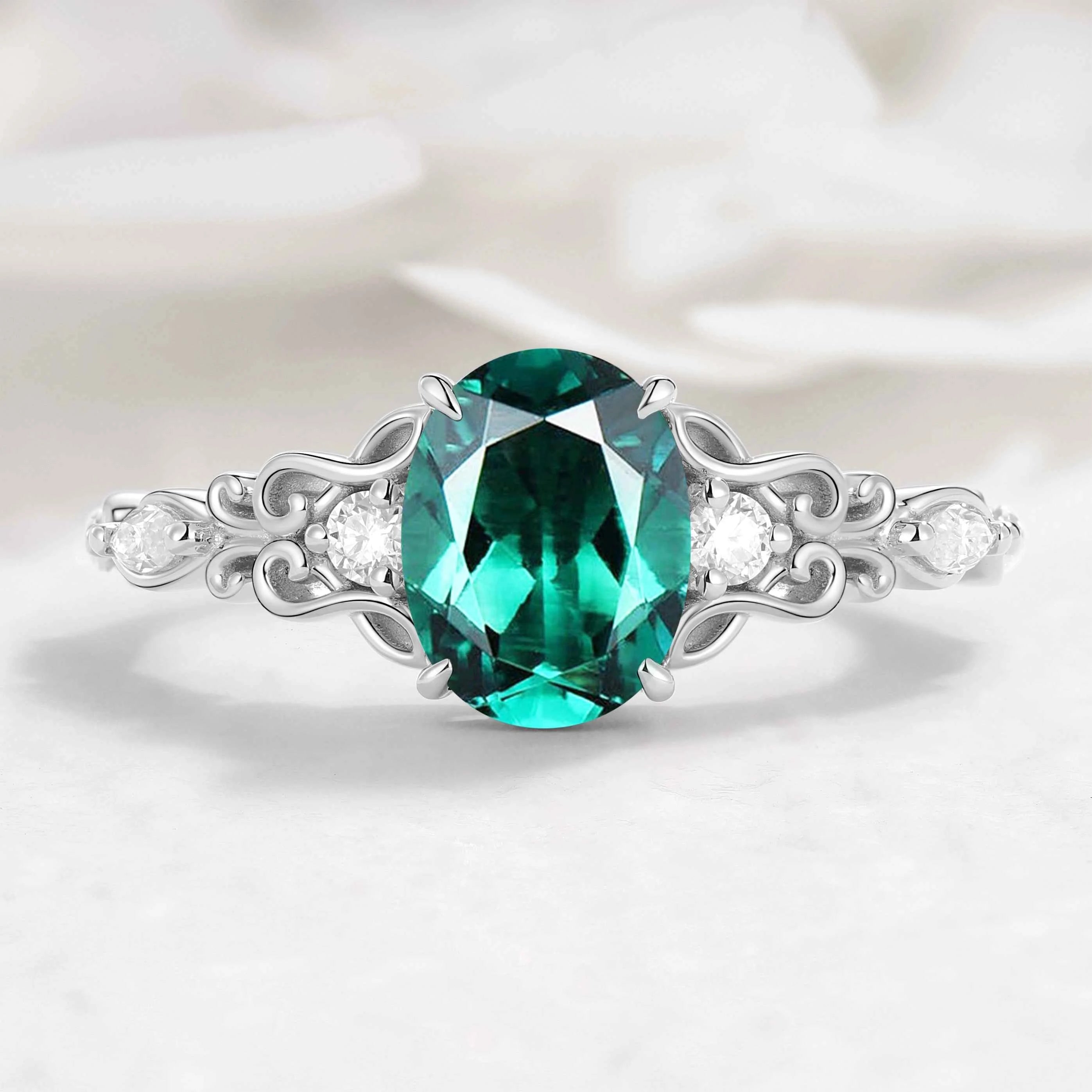 Oval Cut Musical Note Emerald Engagement Ring - Melody Ring