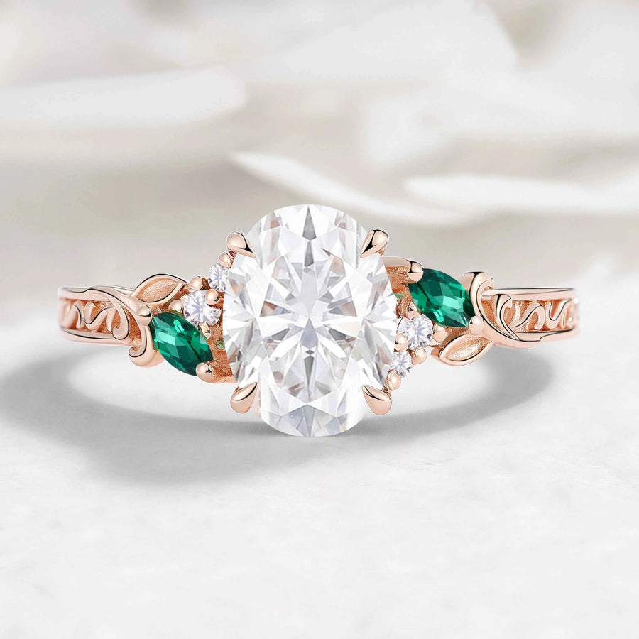 Vintage Leaf Oval Moissanite Engagement Ring with Hidden Birthstone - Briony