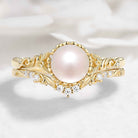 Nature-Inspired Leaf Pearl Engagement Ring Set 2pcs - Heartvine Series