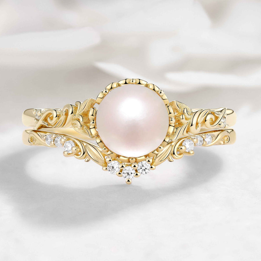 Nature-Inspired Leaf Pearl Engagement Ring Set 2pcs - Heartvine Series