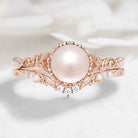 Nature-Inspired Leaf Pearl Engagement Ring Set 2pcs - Heartvine Series