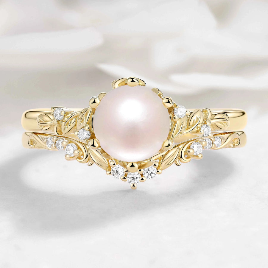 Nature-Inspired Leaf Pearl Engagement Ring Set 2pcs - Leafcrown Series