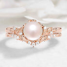 Nature-Inspired Leaf Pearl Engagement Ring Set 2pcs - Leafcrown Series