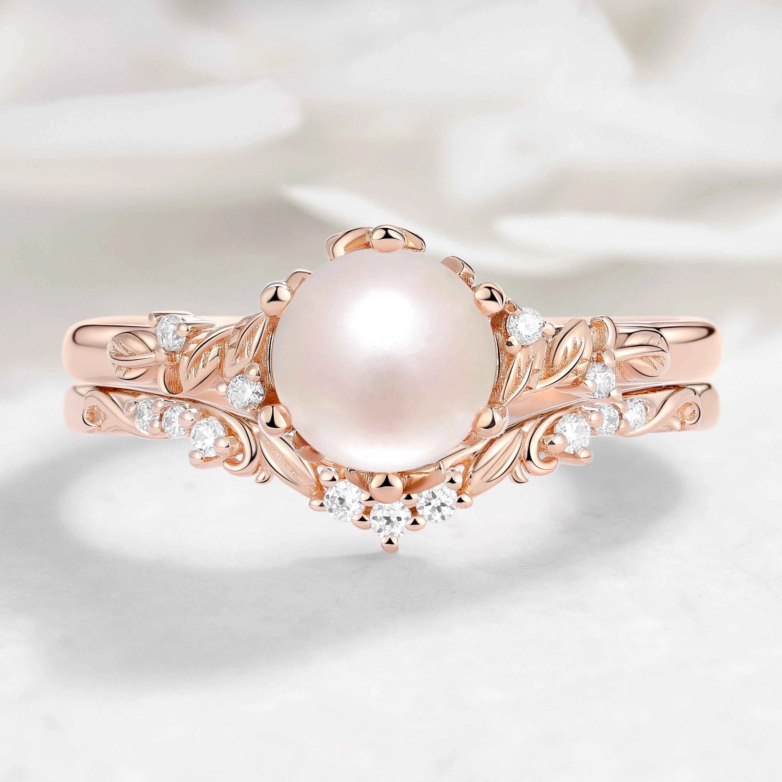 Nature-Inspired Leaf Pearl Engagement Ring Set 2pcs - Leafcrown Series