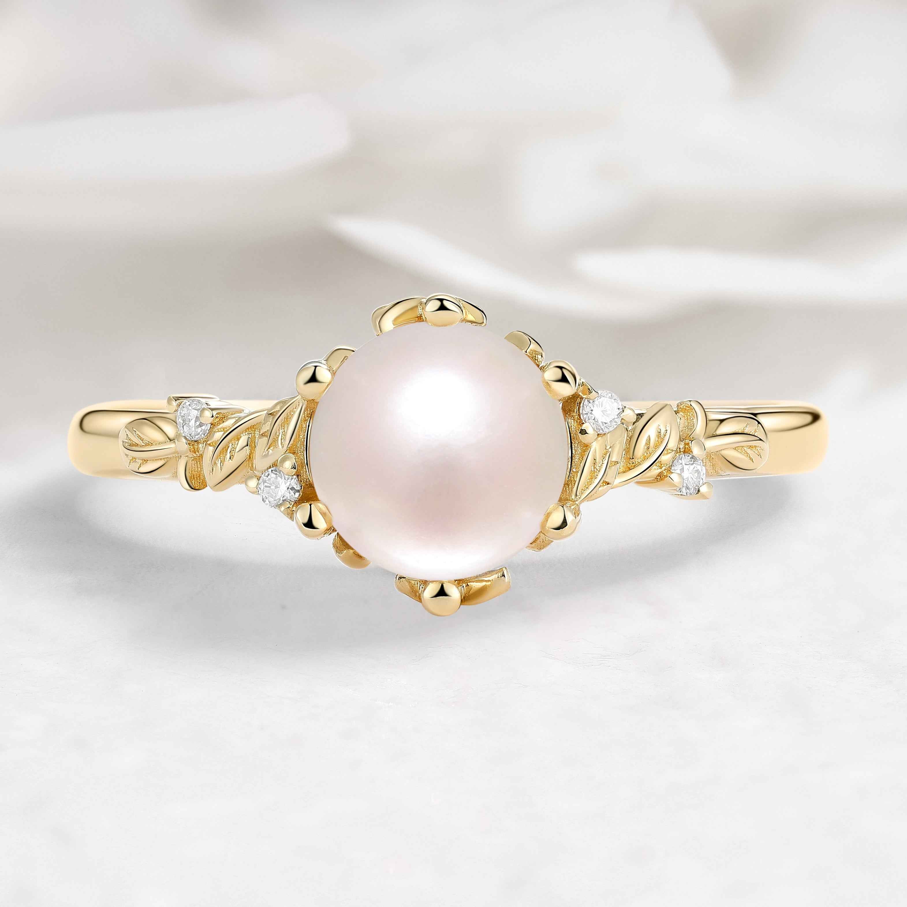 Nature-Inspired Leaf Pearl Engagement Ring - Leafcrown Series