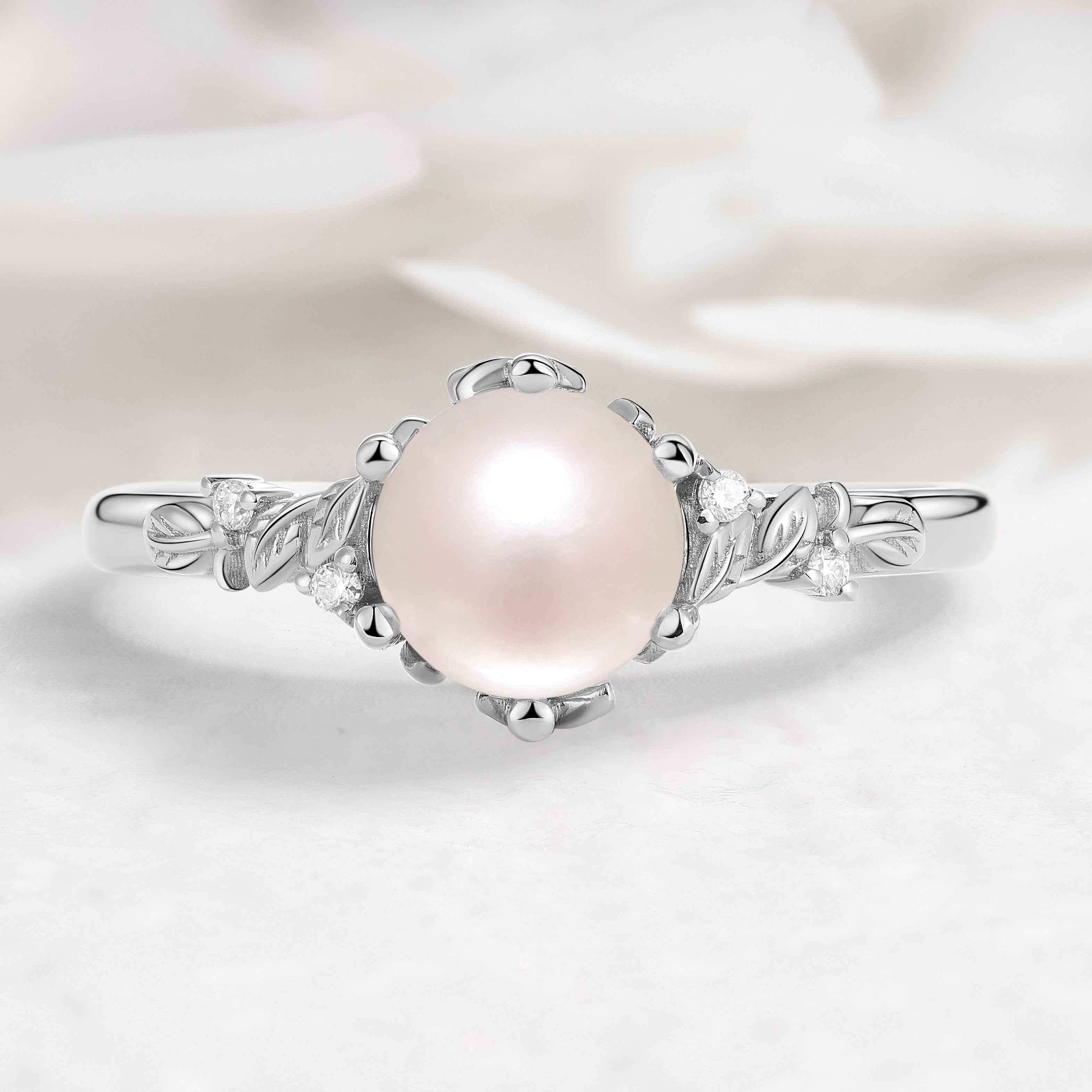 Nature-Inspired Leaf Pearl Engagement Ring - Leafcrown Series