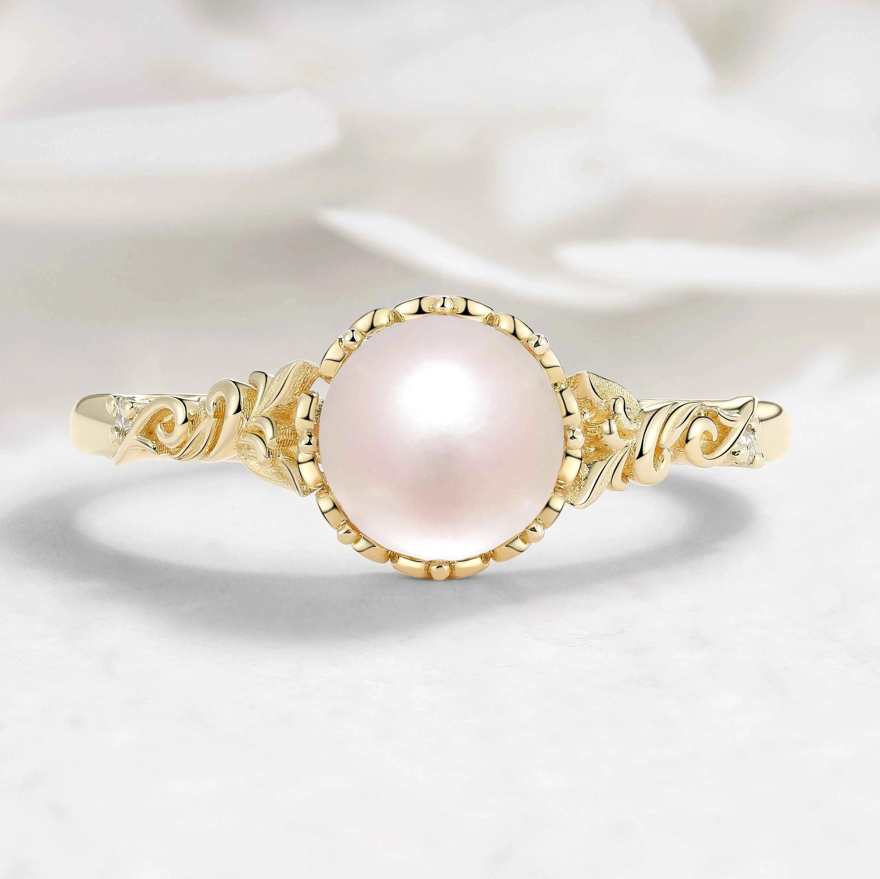 Nature-Inspired Leaf Pearl Engagement Ring - Heartvine Series
