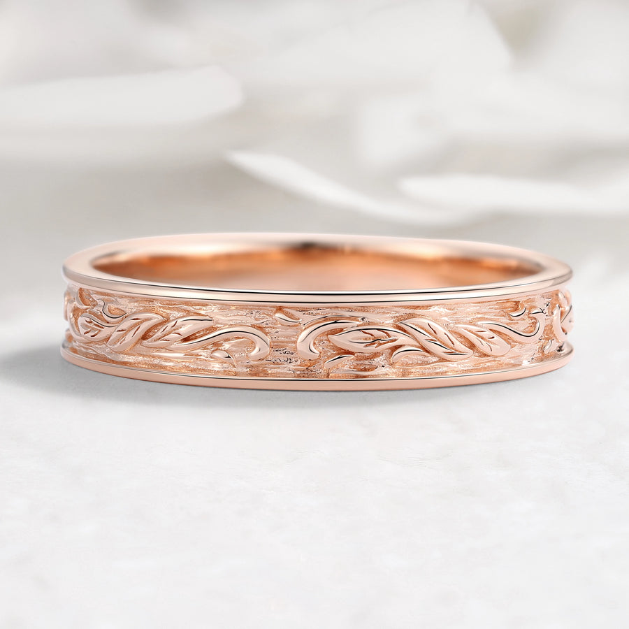 Nature-Inspired Tree Bark & Leaf Men's Ring
