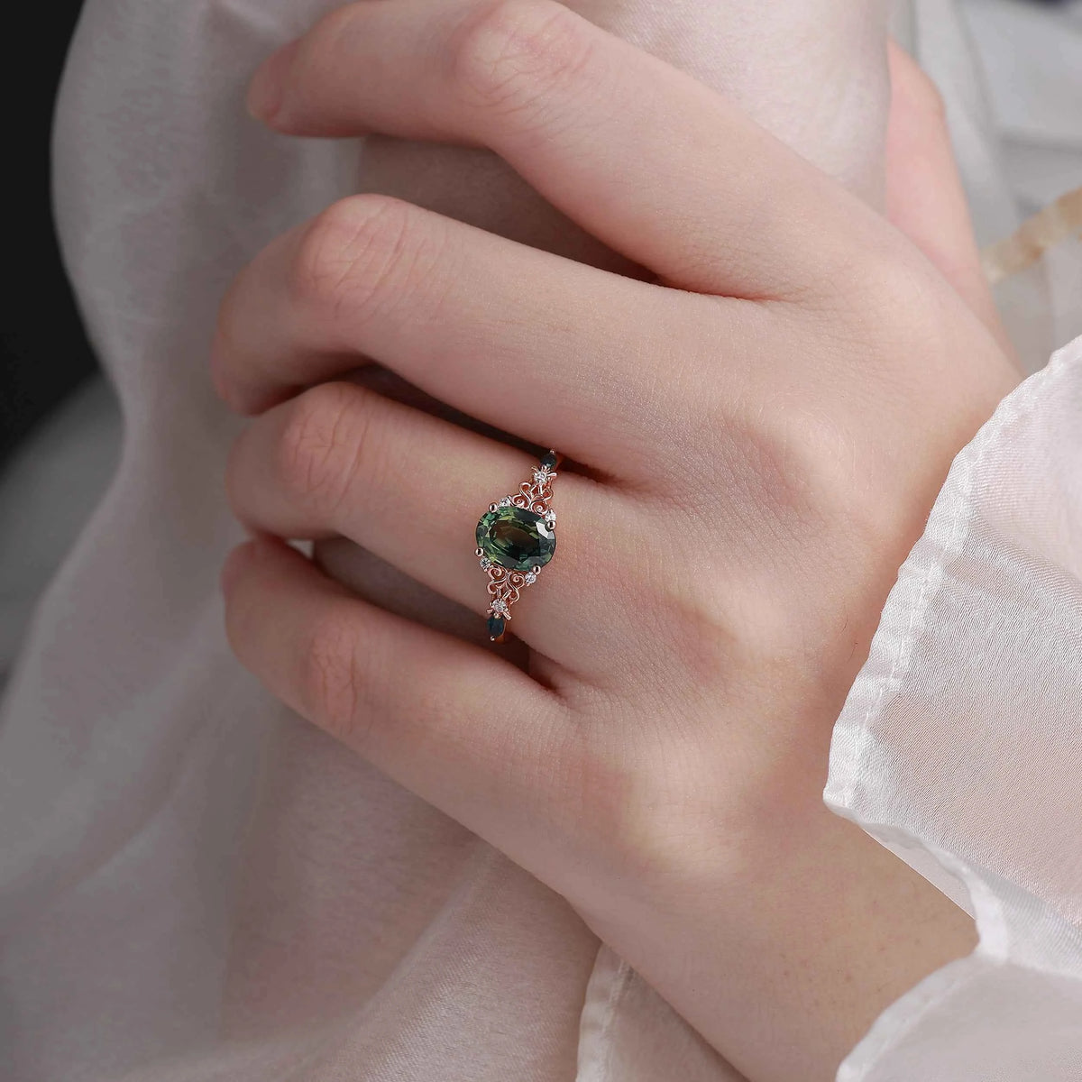 Verdant Court Vintage Oval Cut Natural Green Sapphire Engagement Ring