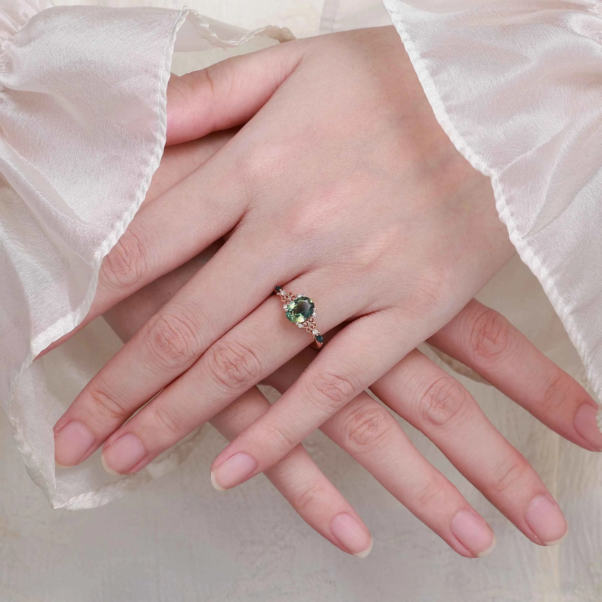 Verdant Court Vintage Oval Cut Natural Green Sapphire Engagement Ring