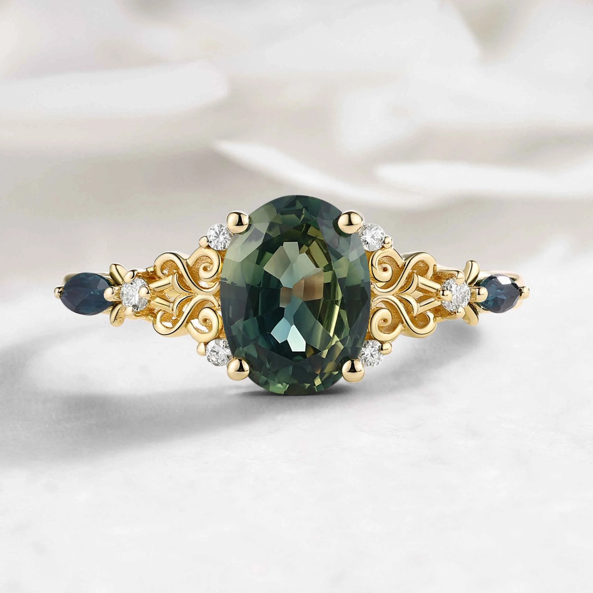 Verdant Court Vintage Oval Cut Natural Green Sapphire Engagement Ring