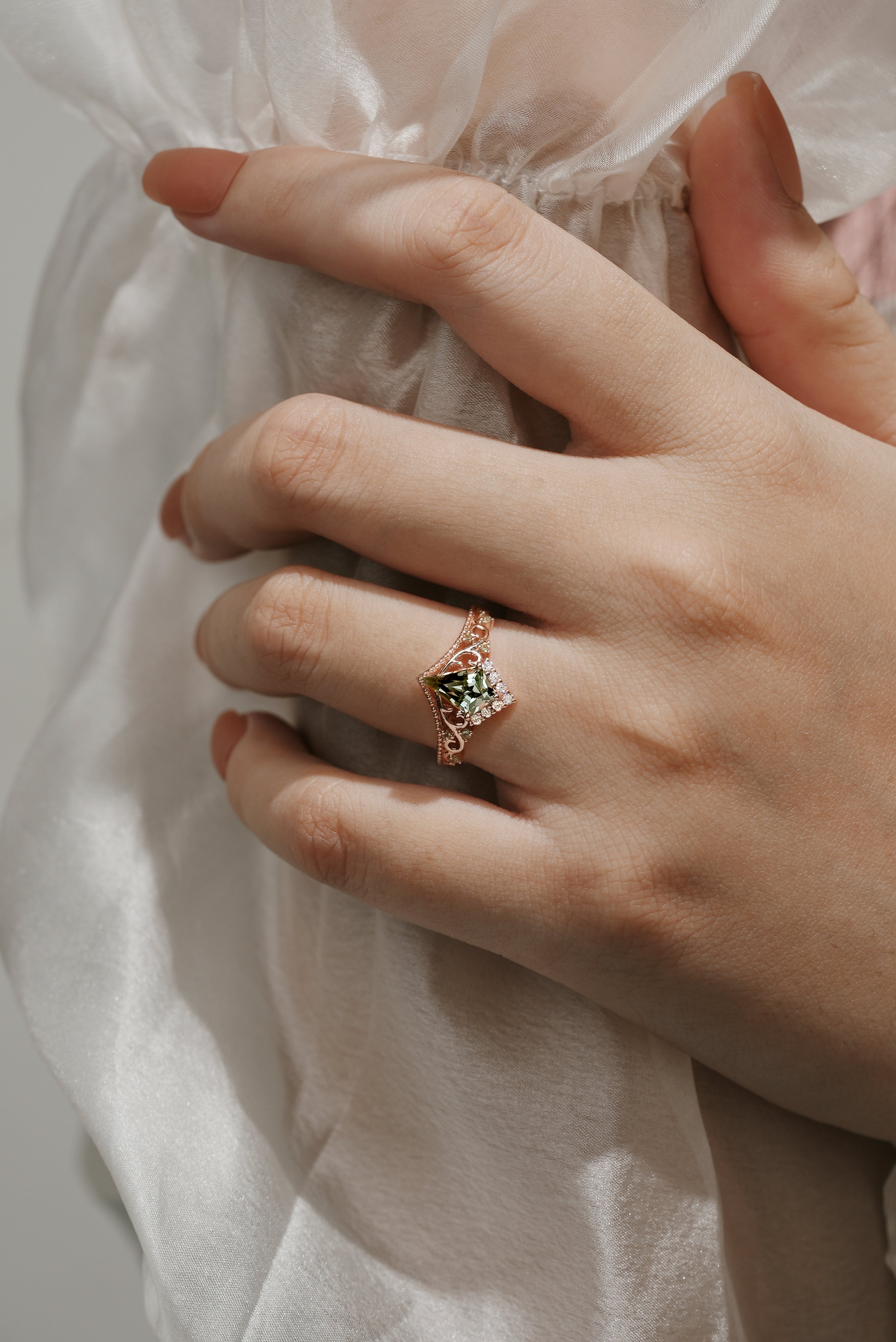Kite cut lab green sapphire ring, rose gold setting, Lahela Jewelry