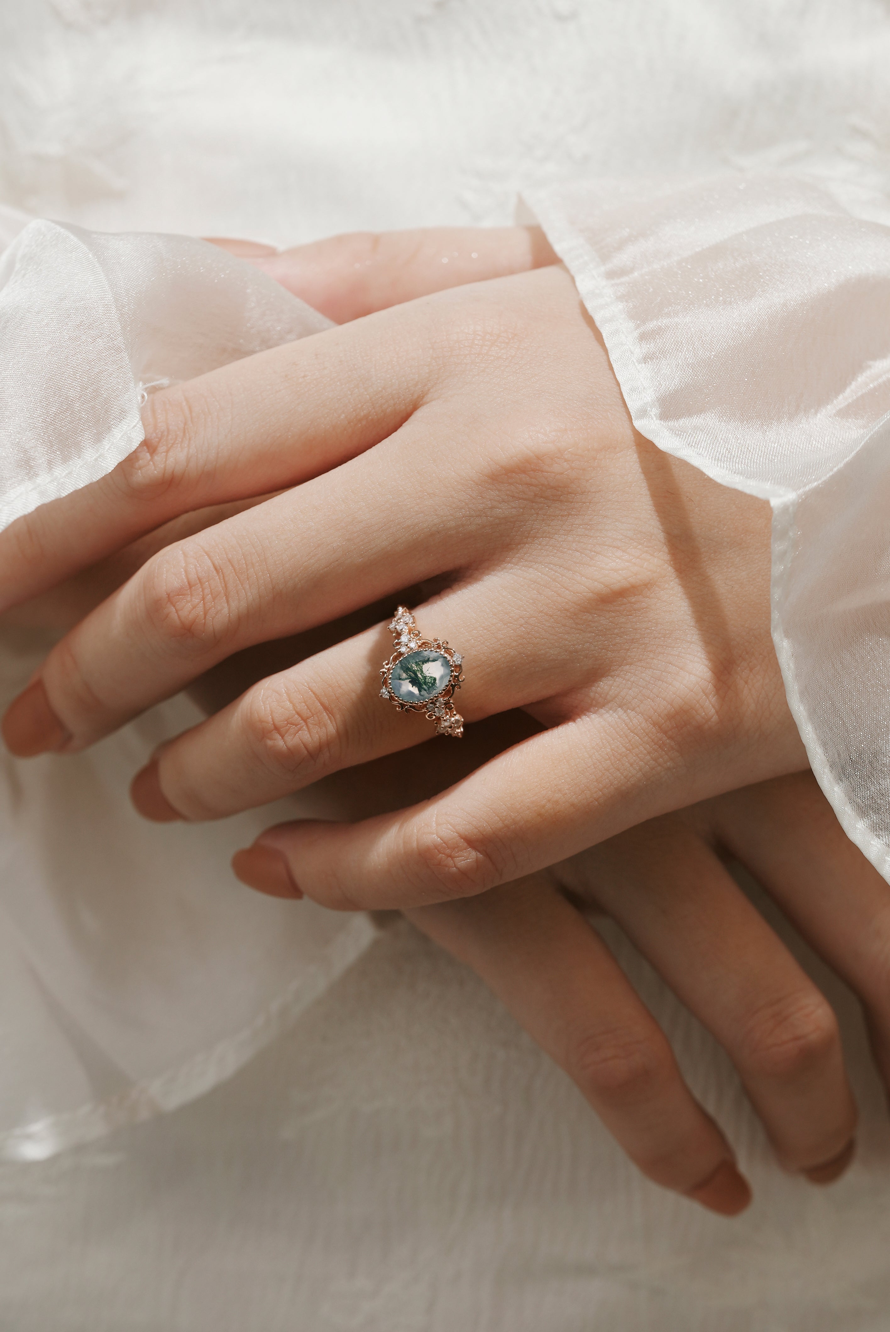 Oval Cut Moss Agate Vintage Engagement Ring - Lahela Jewelry