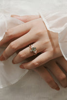 Rose gold moss agate ring and leaf wedding band, nature-inspired design