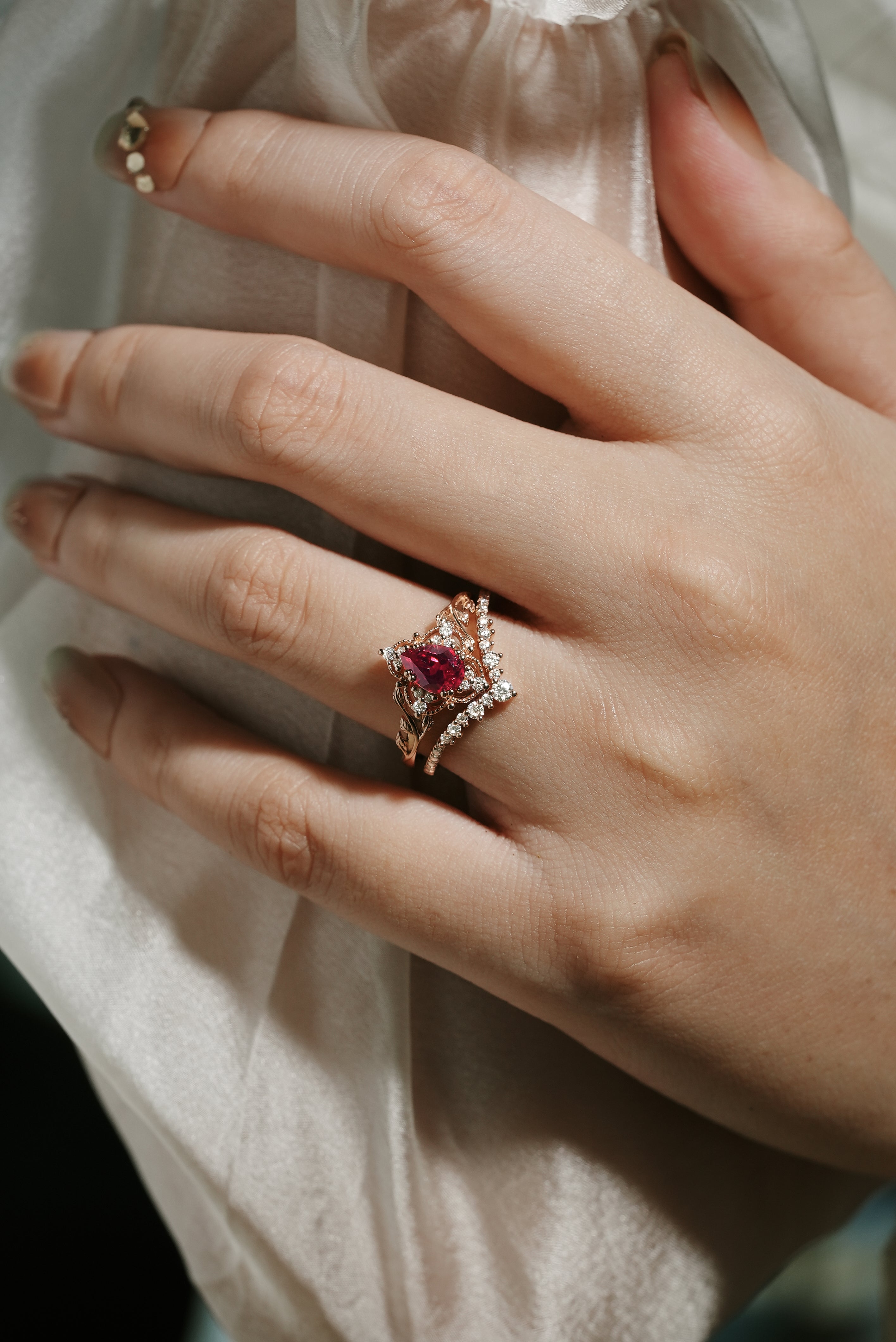 Lab Ruby Leaf Engagement Ring Set on Hand