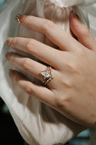 Rose gold coffin cut moissanite engagement ring and wedding band