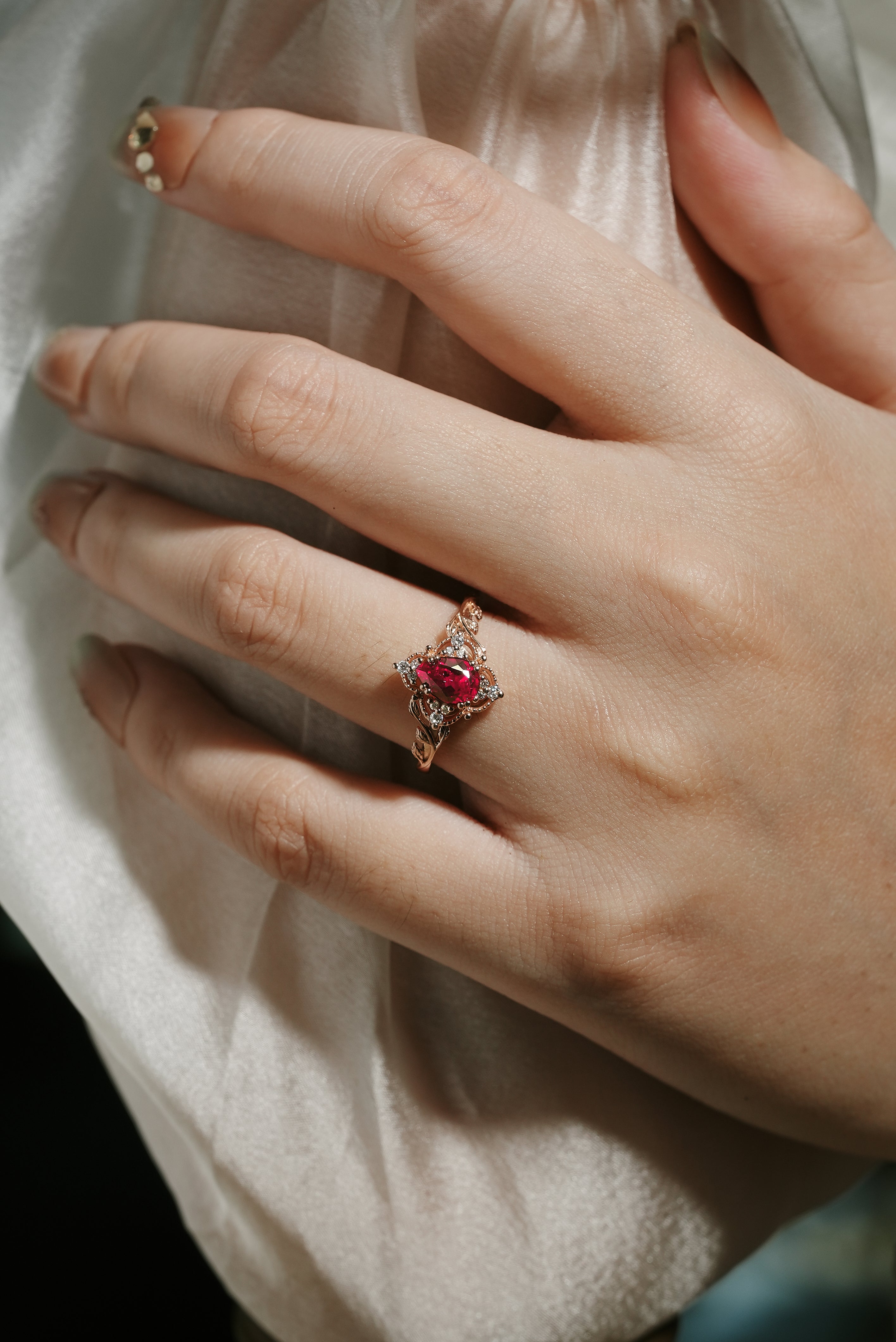 Rose Gold Leaf Inspired Ruby Engagement Ring