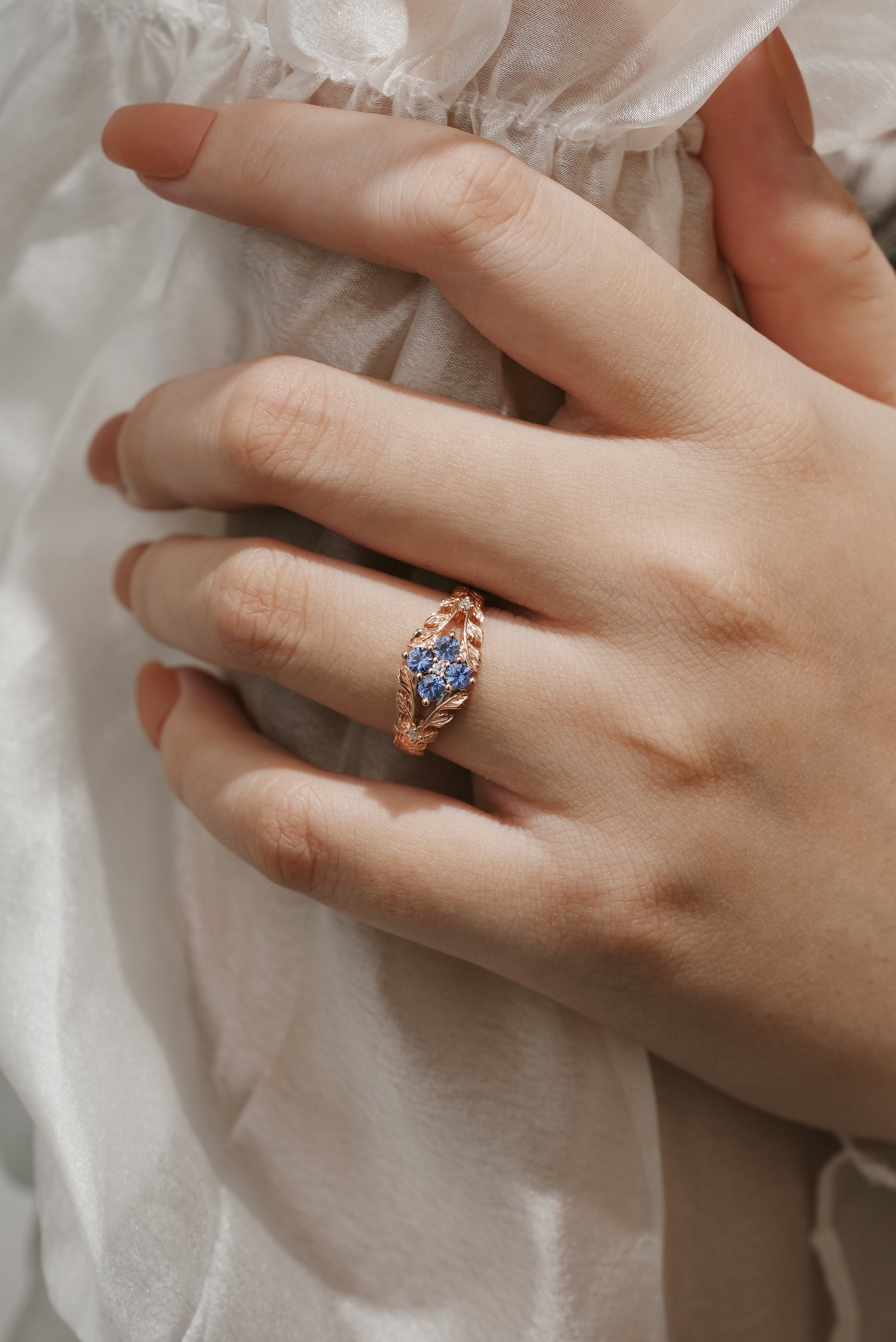 Rose gold Cornflower sapphire leaf engagement ring, nature-inspired