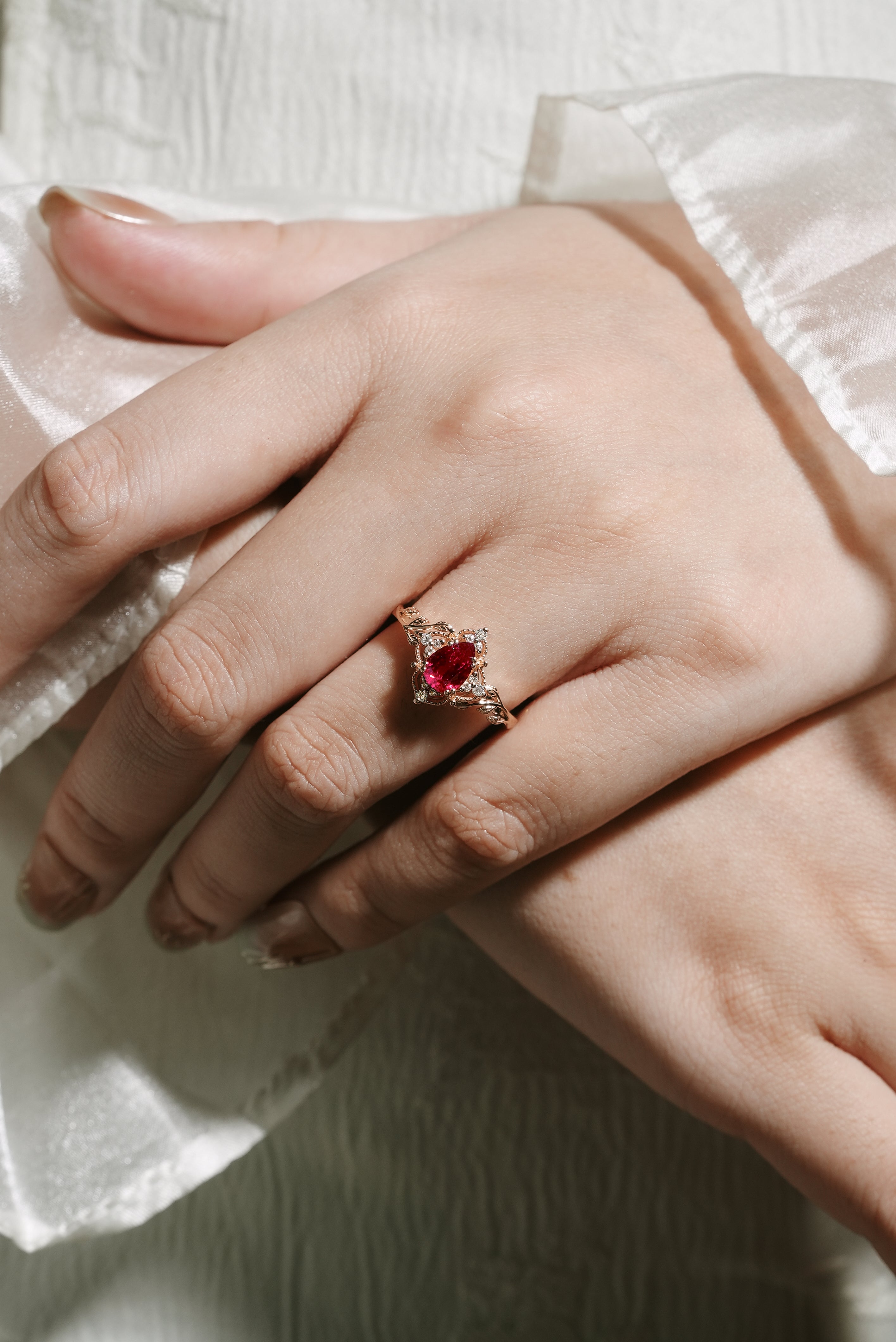 Rose Gold Pear Cut Ruby Engagement Ring