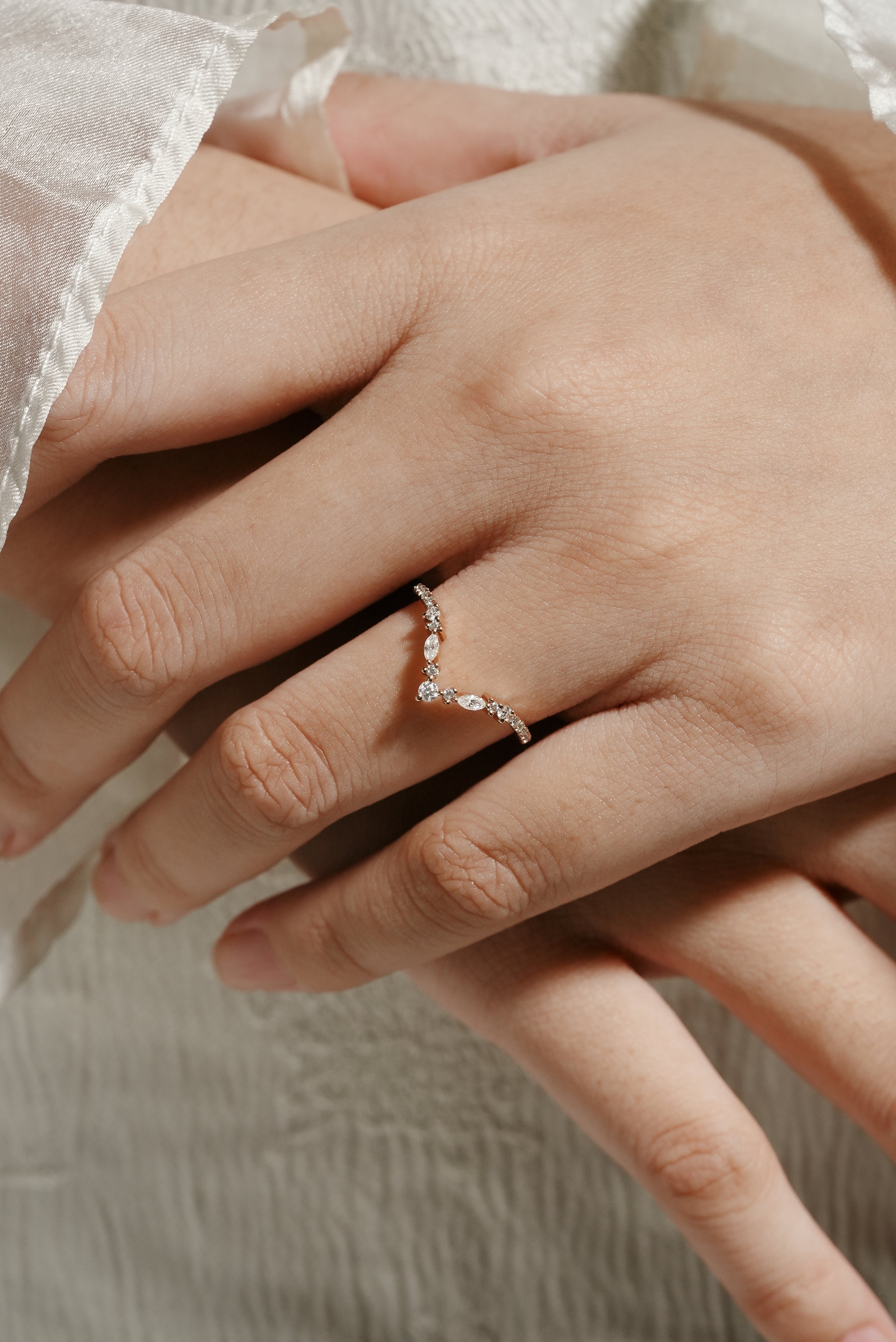 Elara moissanite wedding band, nature-inspired design