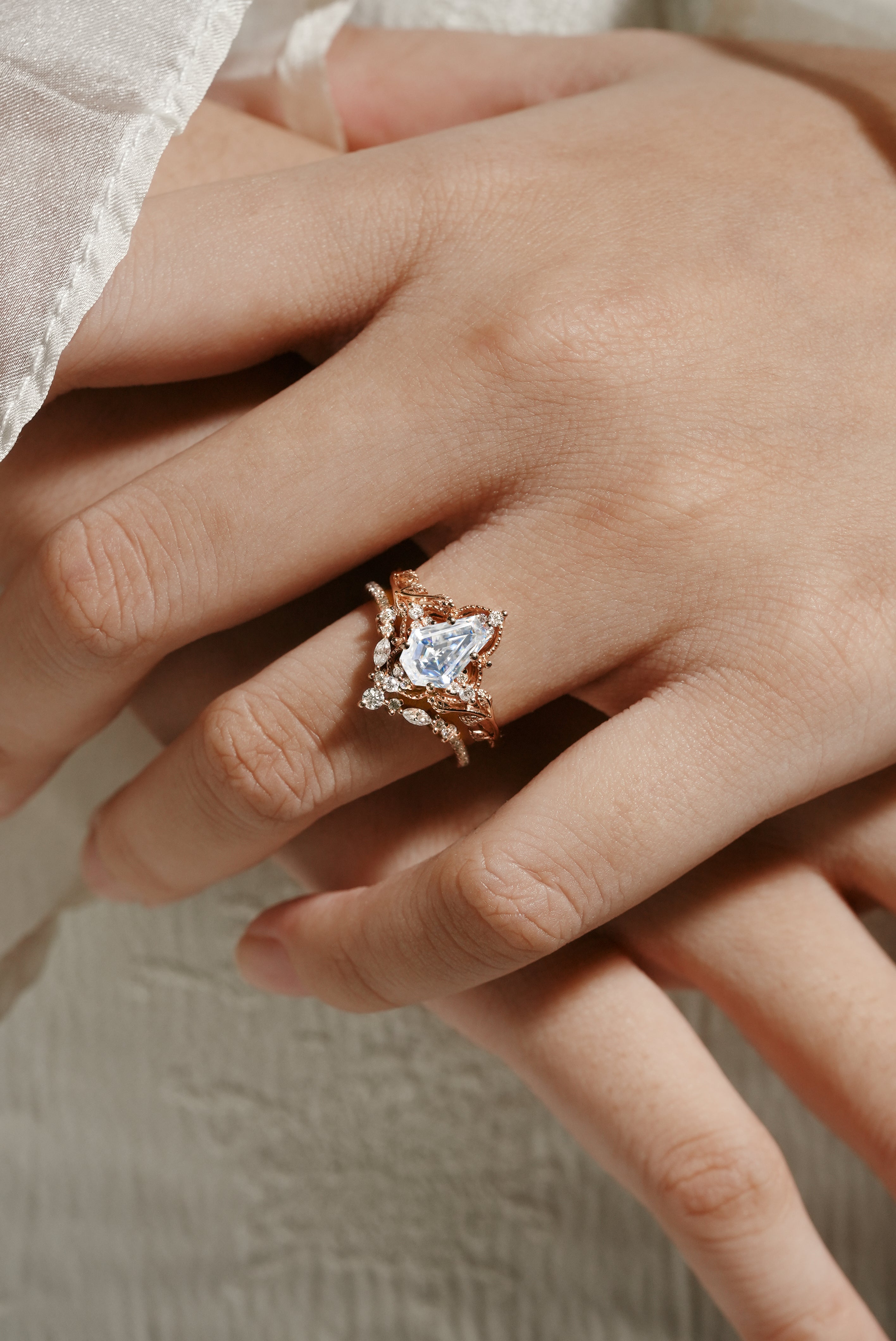 Rose gold leaf engagement ring bridal set, coffin cut moissanite