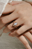 Rose gold leaf engagement ring bridal set, coffin cut moissanite