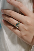 Teal sapphire engagement ring set with moss agate, moissanite & solid gold, bridal set, wedding rings on hand.