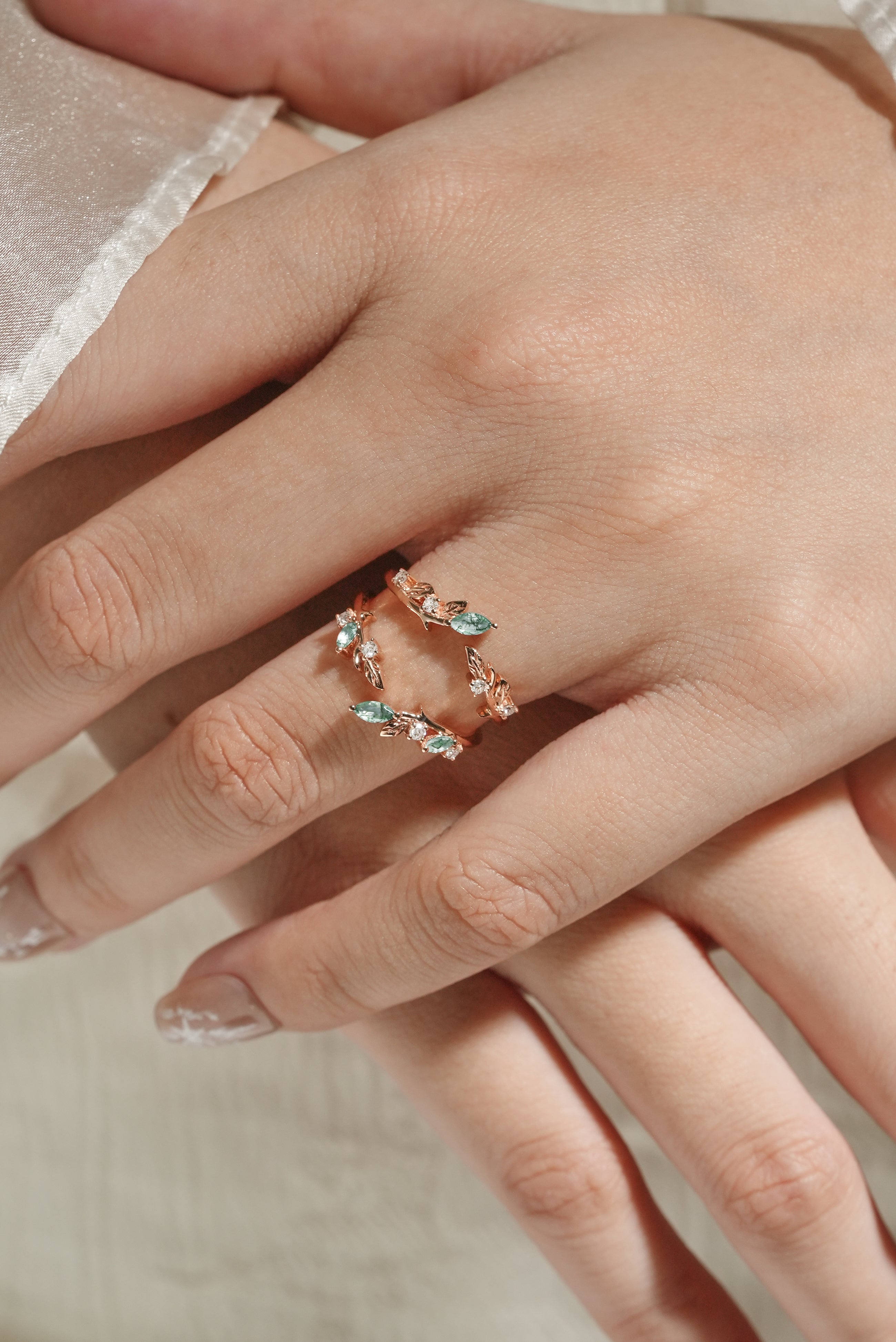 Rose gold moss agate enhancer double wedding band with leaf design, moissanite, vintage bridal ring.