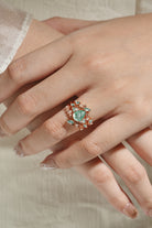 Rose gold moss agate engagement ring set with leaf branch design. Bridal set with moissanite accents. Vintage style.