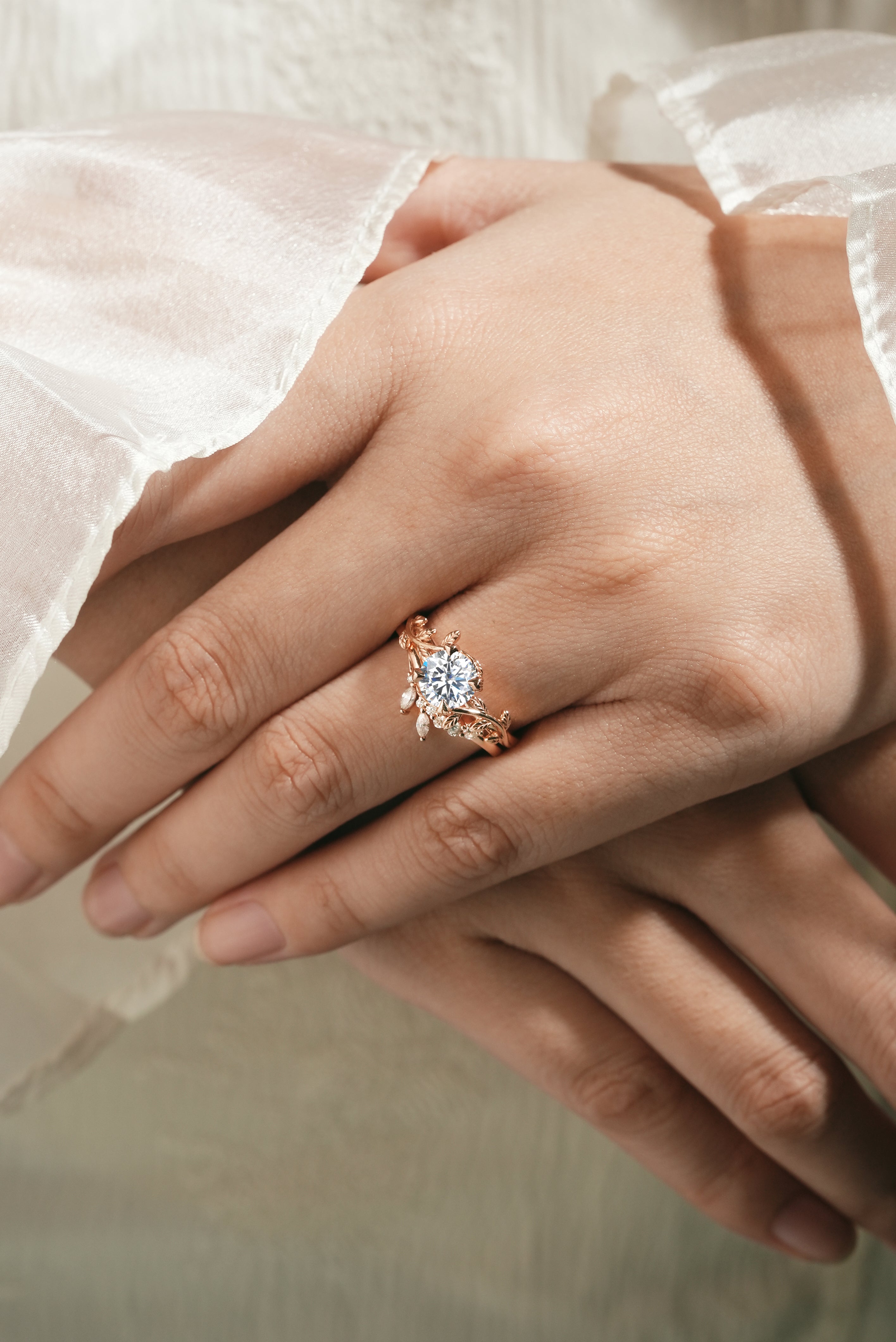 Rose gold moissanite leaf engagement ring set