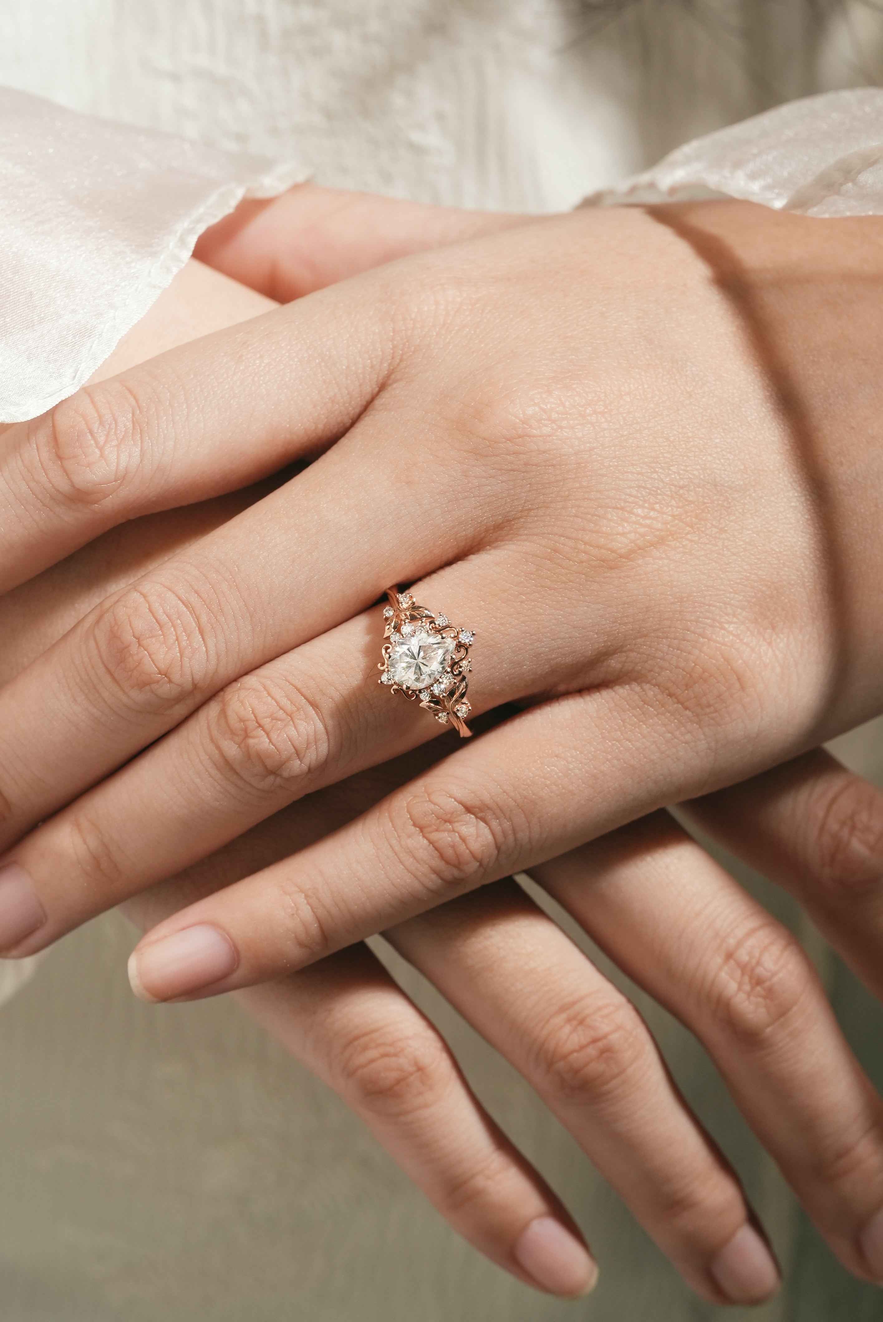 Leaf Inspired Pear Cut Moissanite Engagement Ring – Customized with Ruby Accent Stones