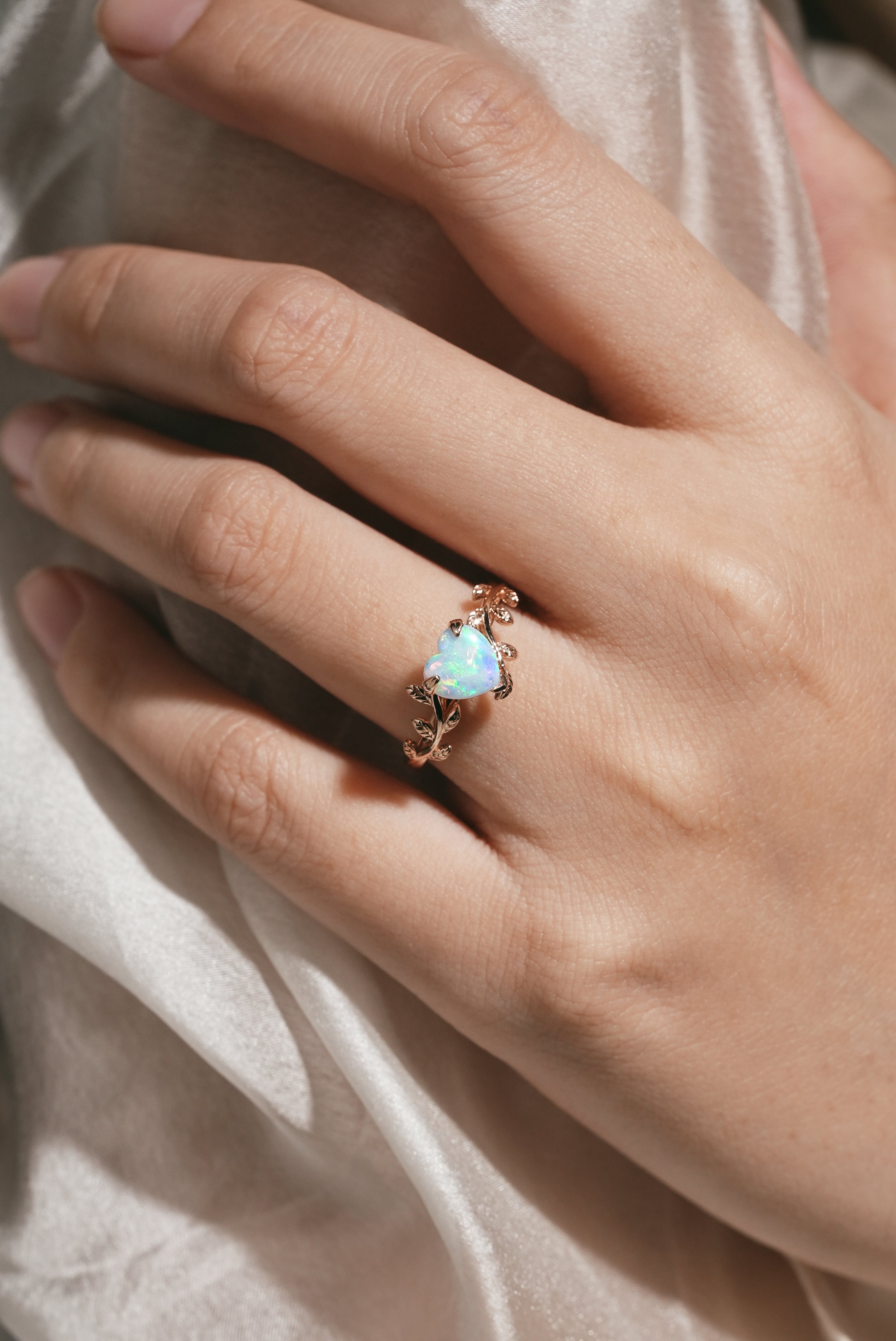 Heart-shaped opal ring with leaf accents, Lahela Jewelry