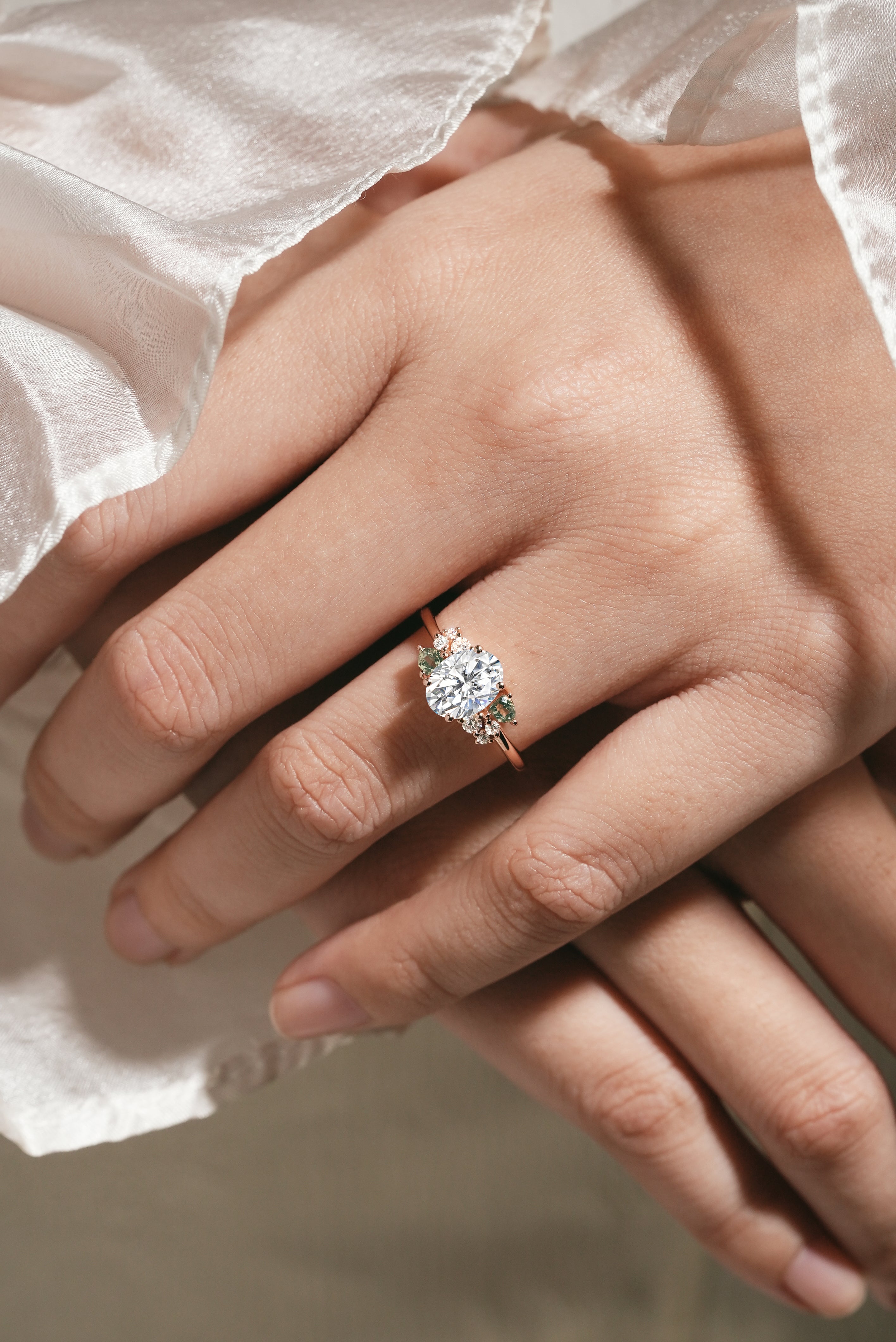 Oval Moissanite Ring with Triangle Spinel Cluster on Hand