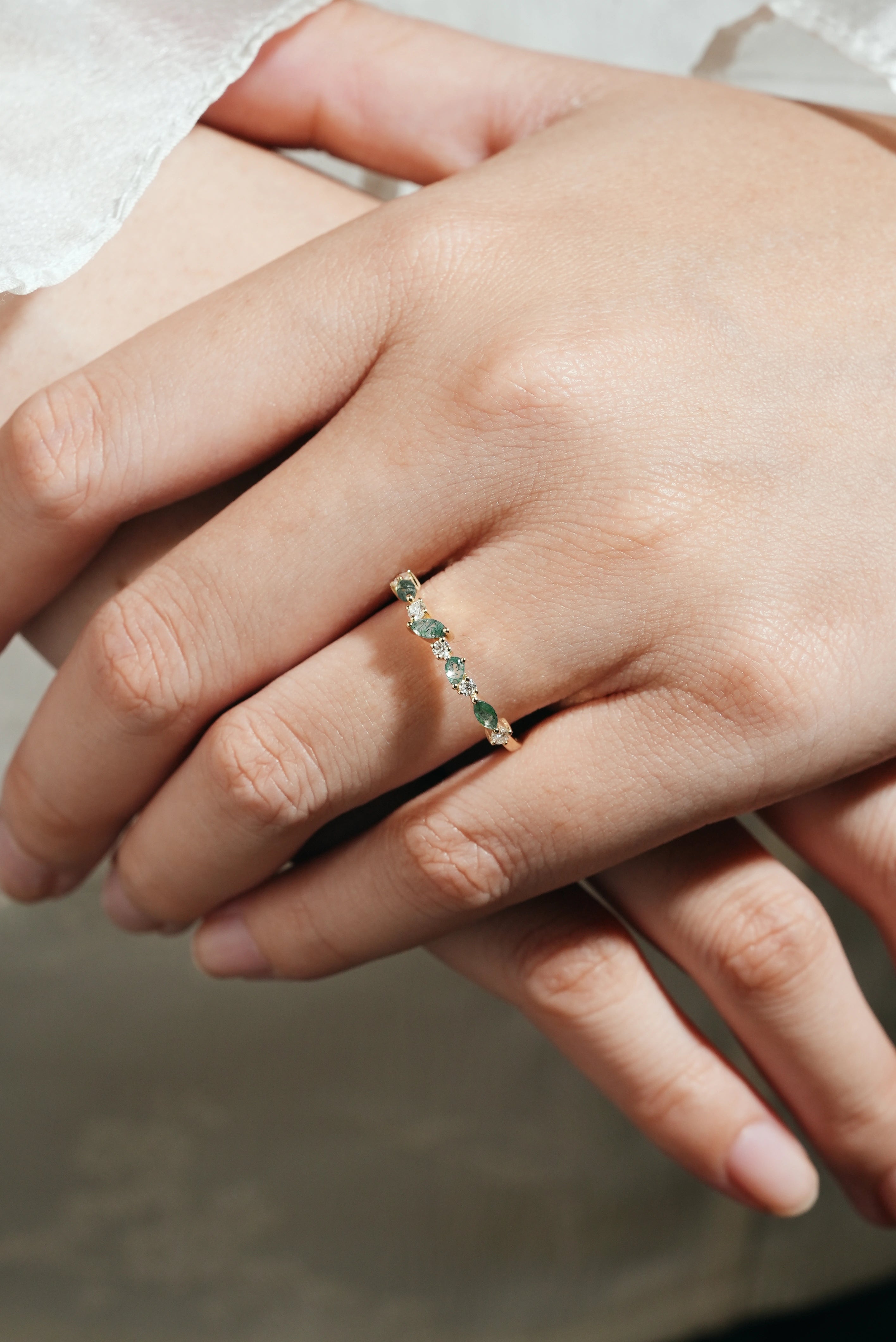 Moss Agate & Moissanite Stackable Wedding Band - Lahela Jewelry