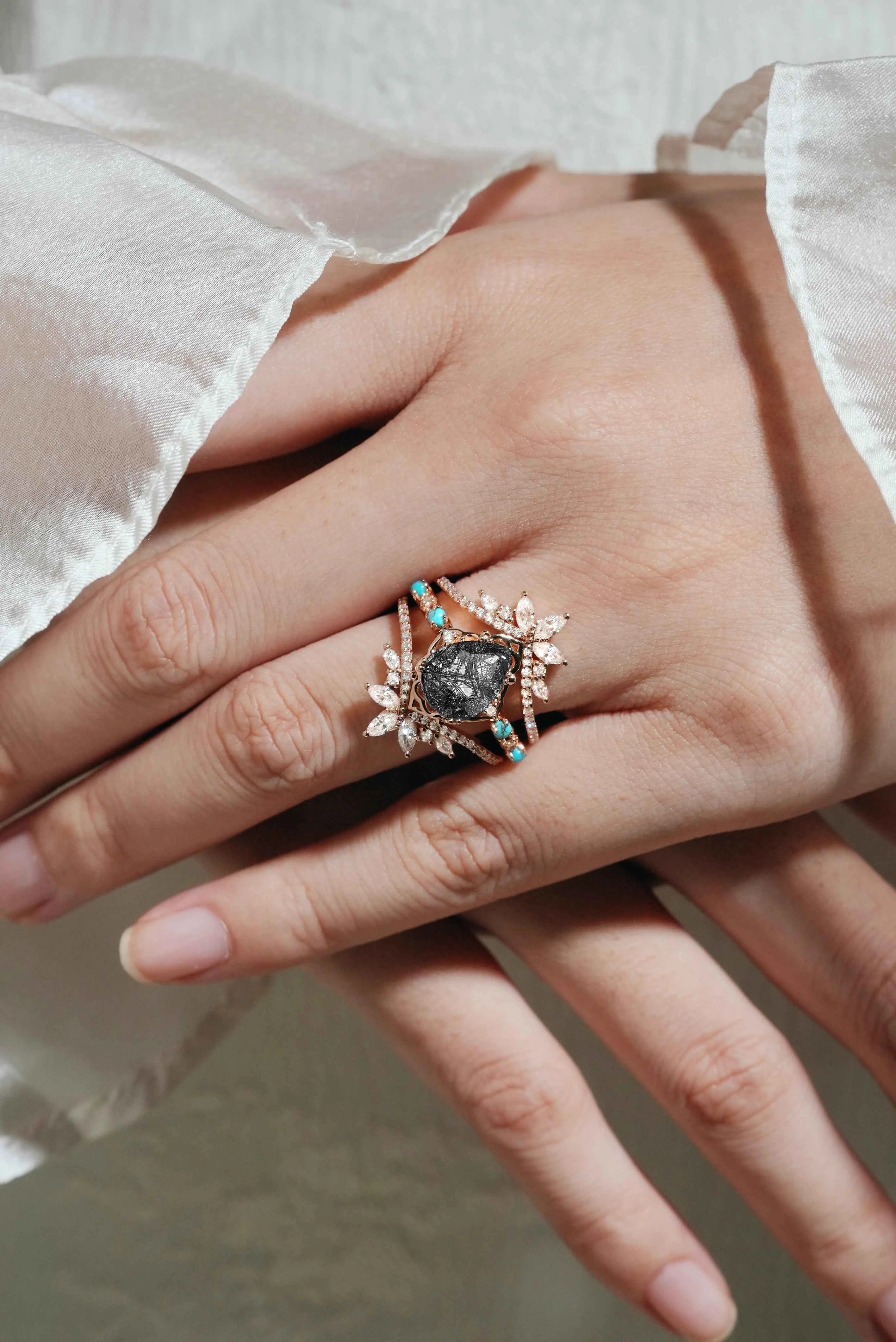 Pear Cut Black Rutilated Quartz Vintage Engagement Ring with Vintage Enhancer Wedding Bands 2 Pcs Set