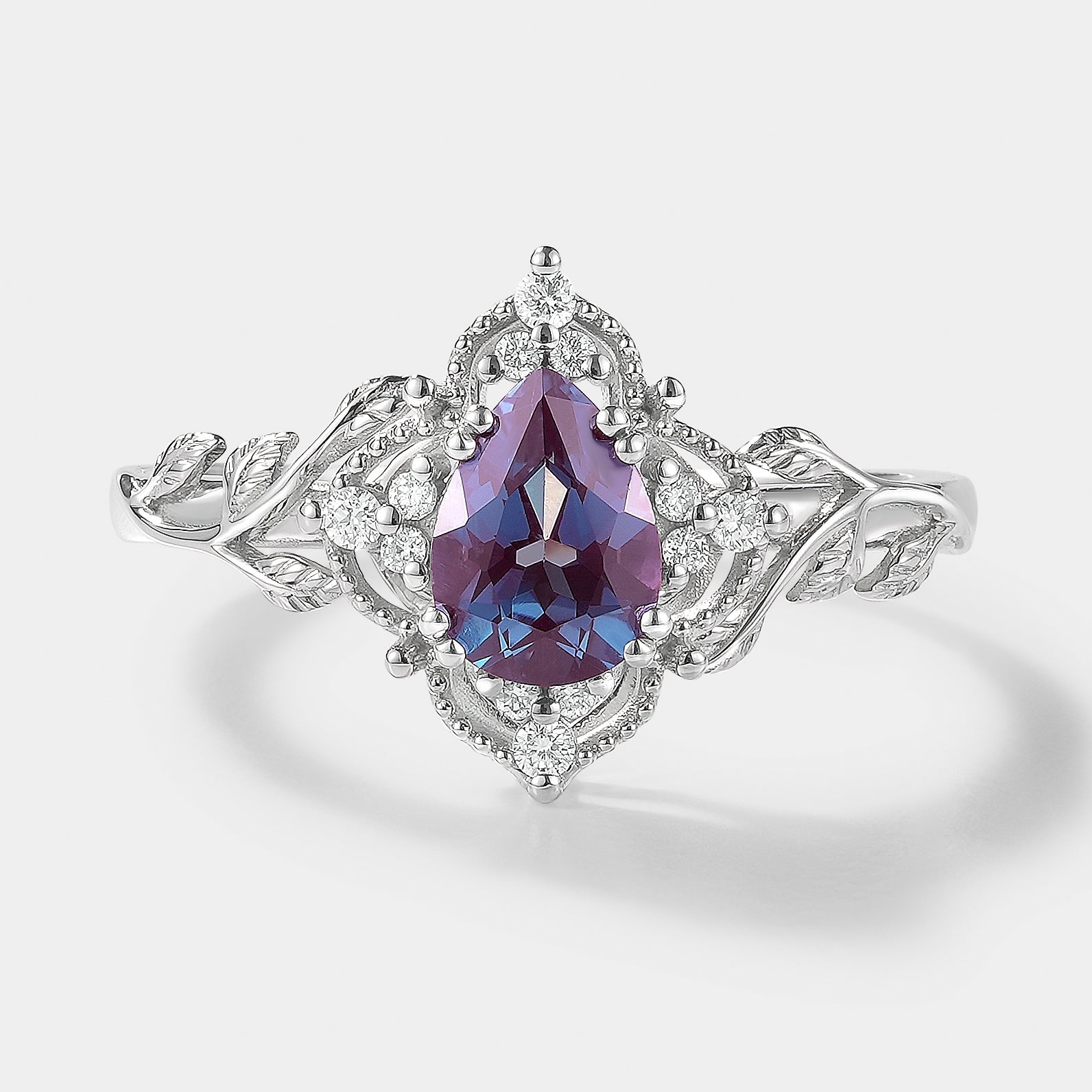 Pear Cut Alexandrite Nature Inspired Leaf Engagement Ring In White Gold