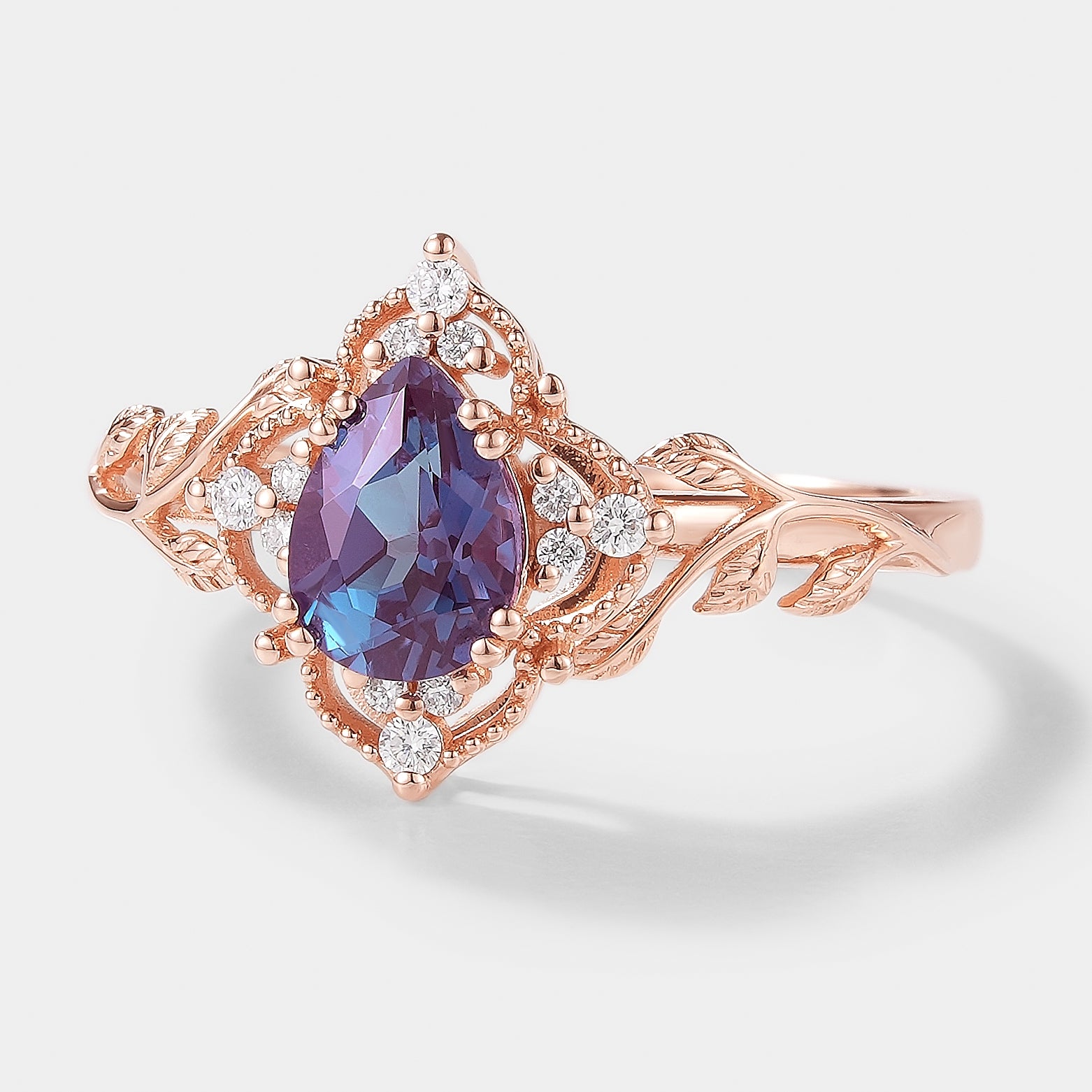 Pear Cut Alexandrite Nature Inspired Leaf Engagement Ring In Rose Gold