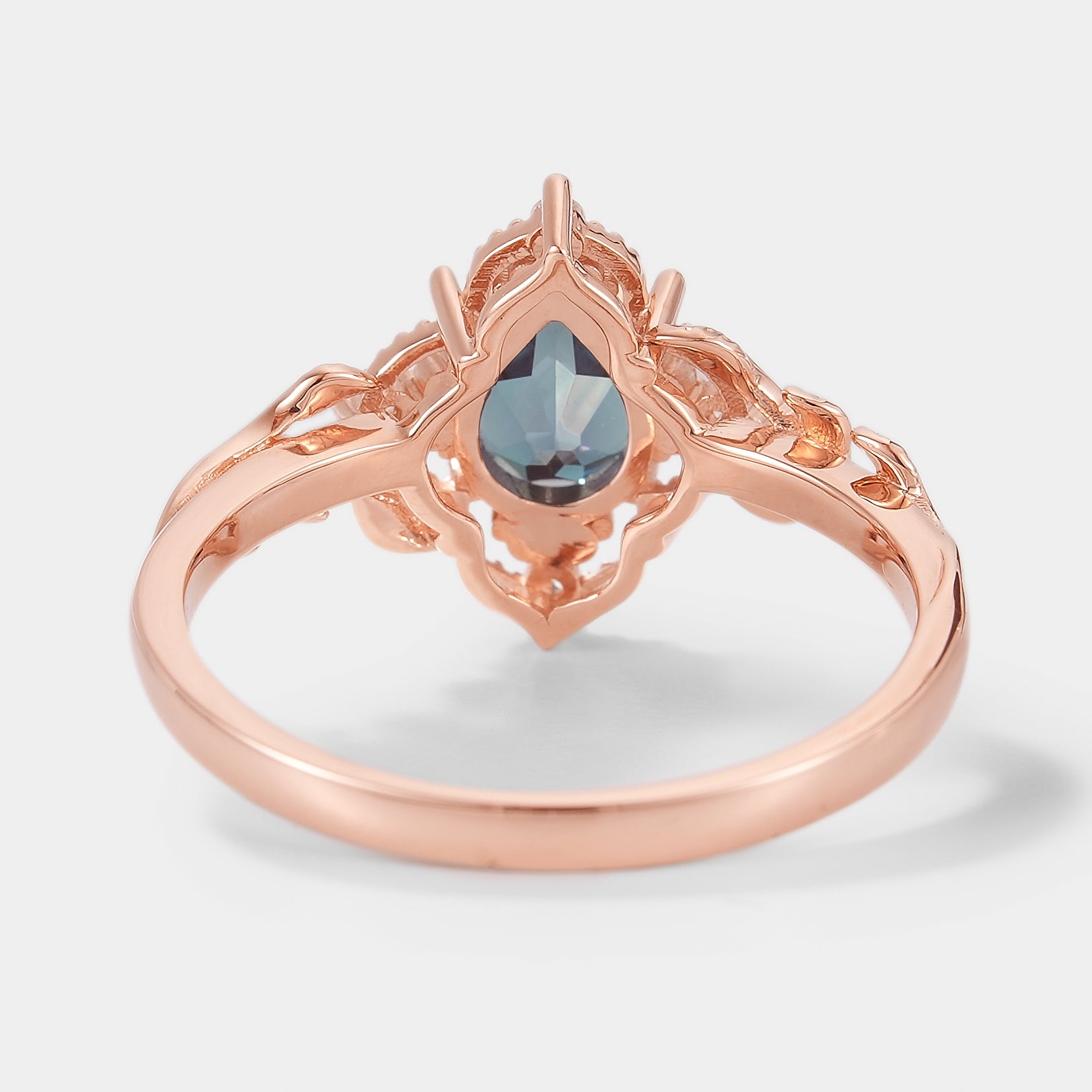 Pear Cut Alexandrite Nature Inspired Leaf Engagement Ring In Rose Gold