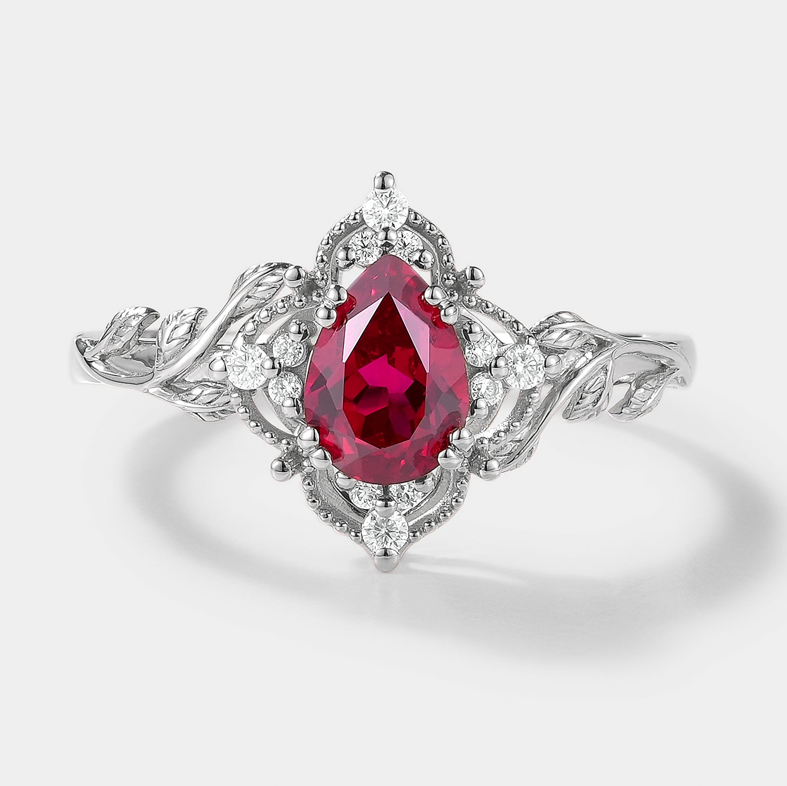 Nature Inspired Leaf Engagement Ring with Lab Ruby