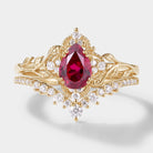 Nature-Inspired Lab Ruby Engagement Ring Set with Leaf Details