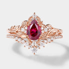 Lab Ruby Leaf Engagement Ring Set with Curved Wedding Band