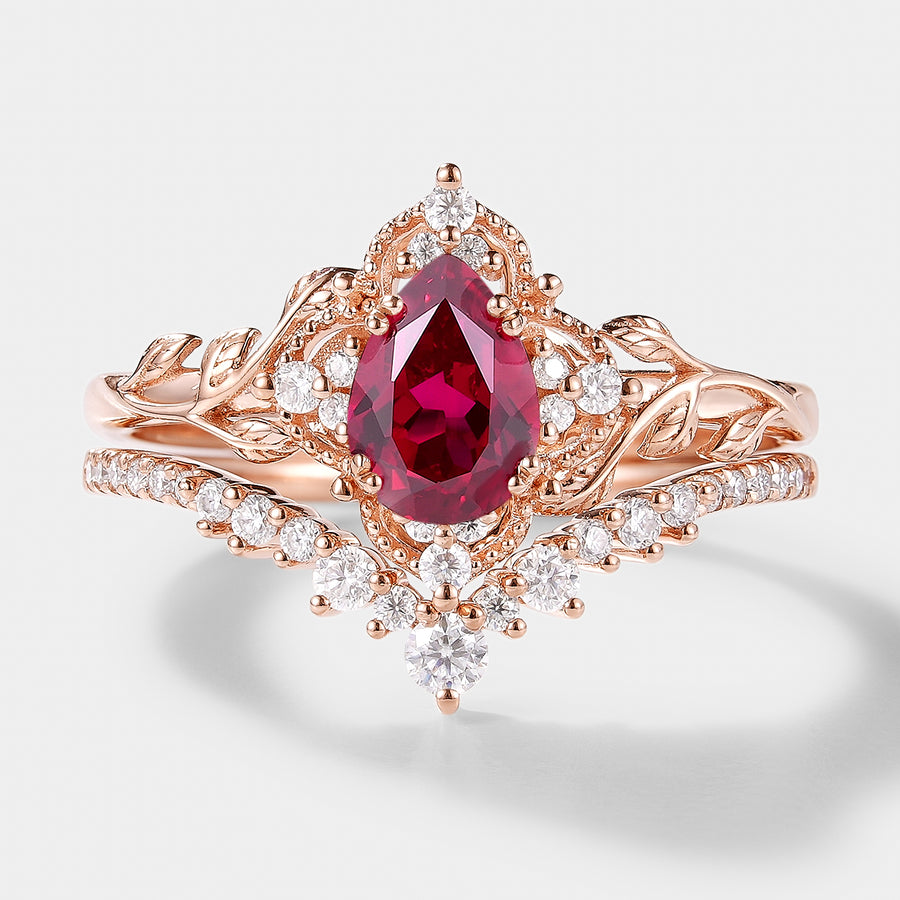 Lab Ruby Leaf Engagement Ring Set with Curved Wedding Band
