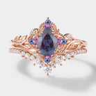 Nature-inspired Alexandrite engagement ring set, leaf design