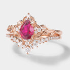 Lab Ruby Leaf Engagement Ring Set, Rose Gold, Nature Inspired