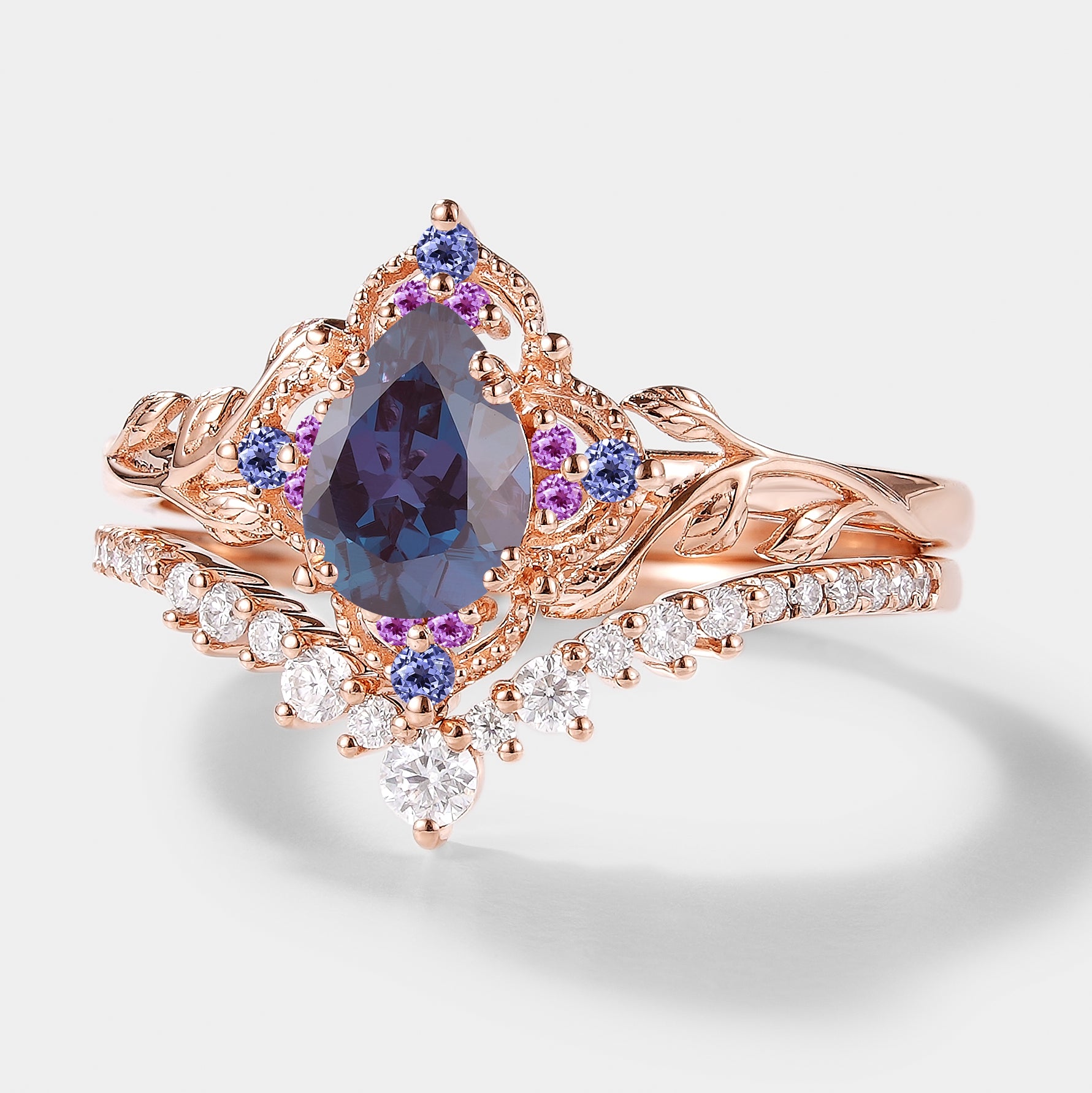 Leaf Alexandrite engagement ring set, rose gold